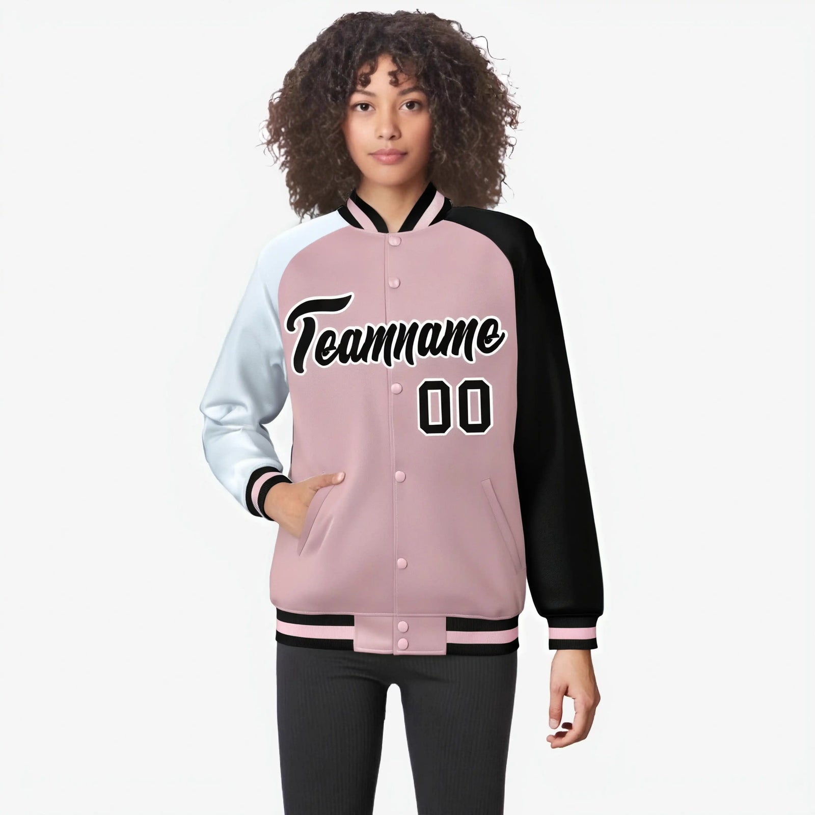 Custom Pink Black-White Raglan Sleeves Varsity Full-Snap Letterman Jacket