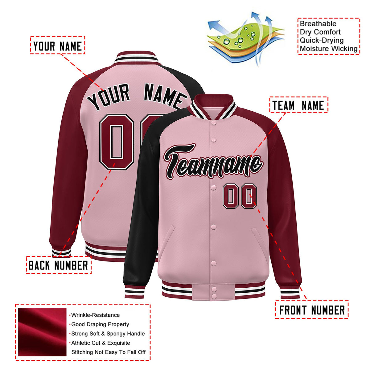 Custom Pink Crimson-Black Raglan Sleeves Varsity Full-Snap Letterman Jacket