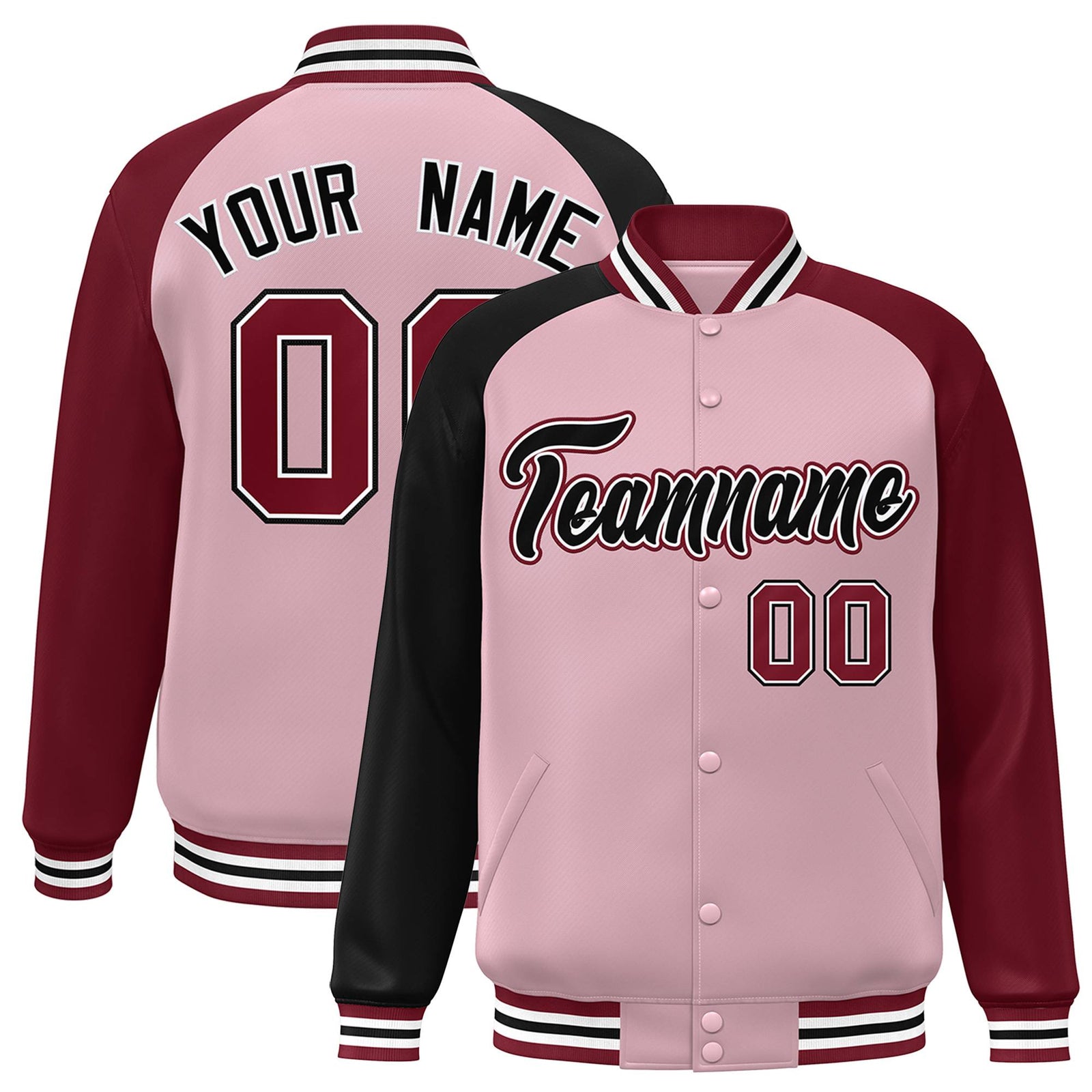 Custom Pink Crimson-Black Raglan Sleeves Varsity Full-Snap Letterman Jacket