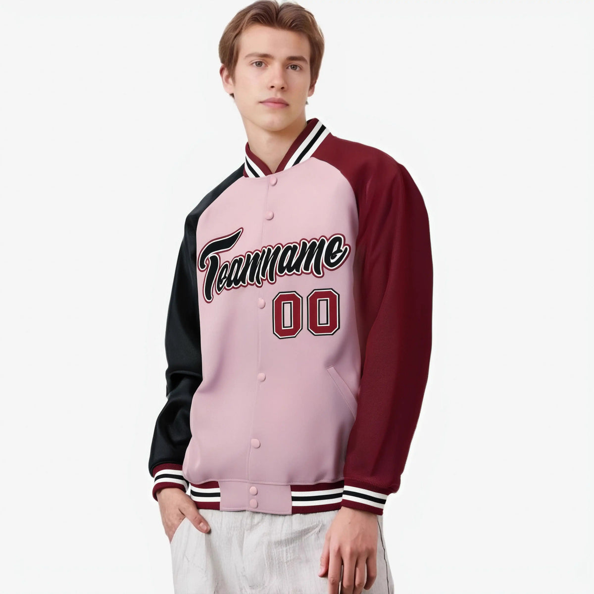 Custom Pink Crimson-Black Raglan Sleeves Varsity Full-Snap Letterman Jacket