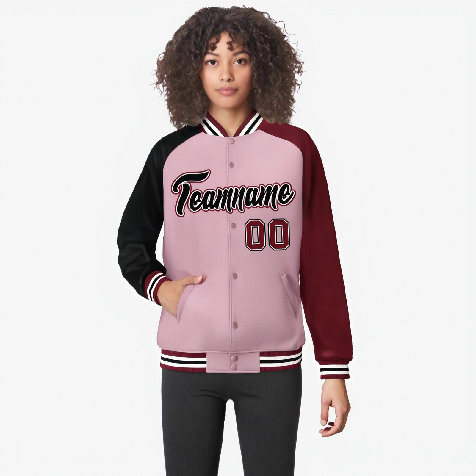 Custom Pink Crimson-Black Raglan Sleeves Varsity Full-Snap Letterman Jacket