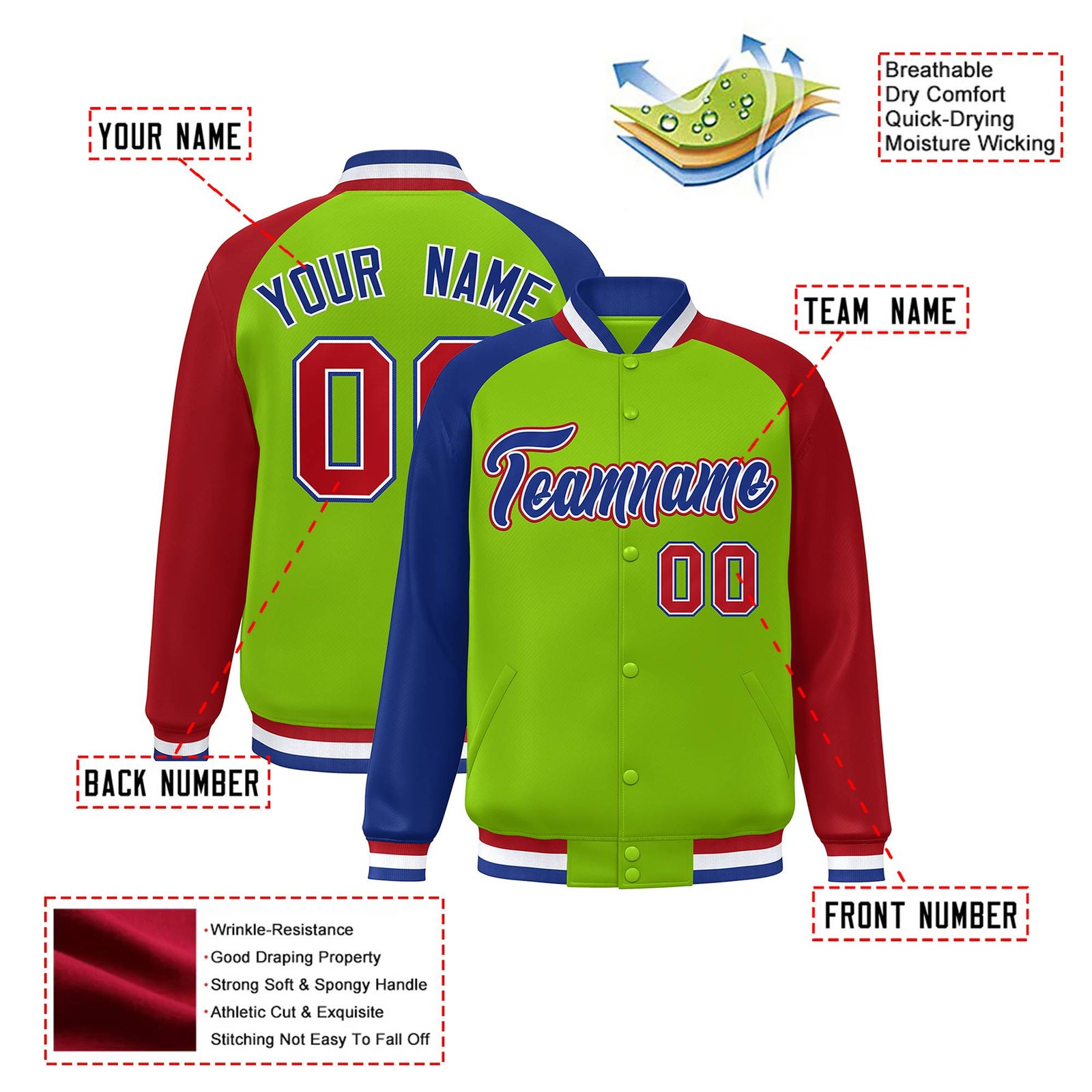 Custom Neon Green Red-Royal Blue Raglan Sleeves Varsity Full-Snap Letterman Jacket