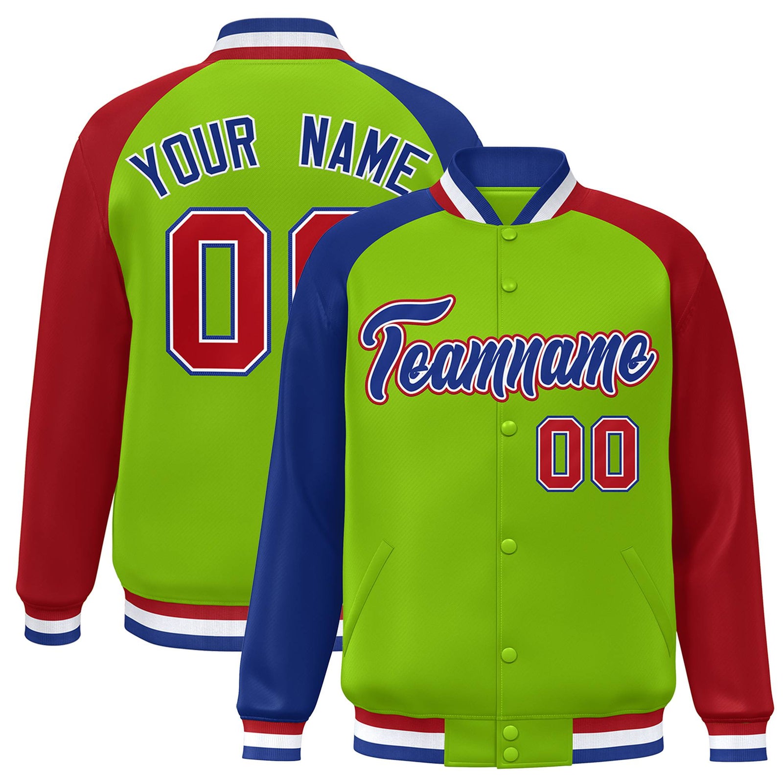 Custom Neon Green Red-Royal Blue Raglan Sleeves Varsity Full-Snap Letterman Jacket