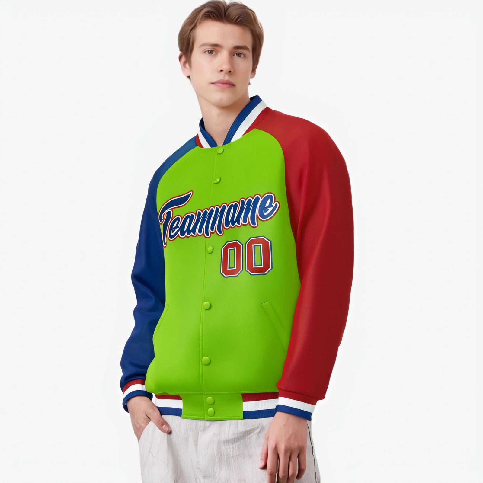 Custom Neon Green Red-Royal Blue Raglan Sleeves Varsity Full-Snap Letterman Jacket