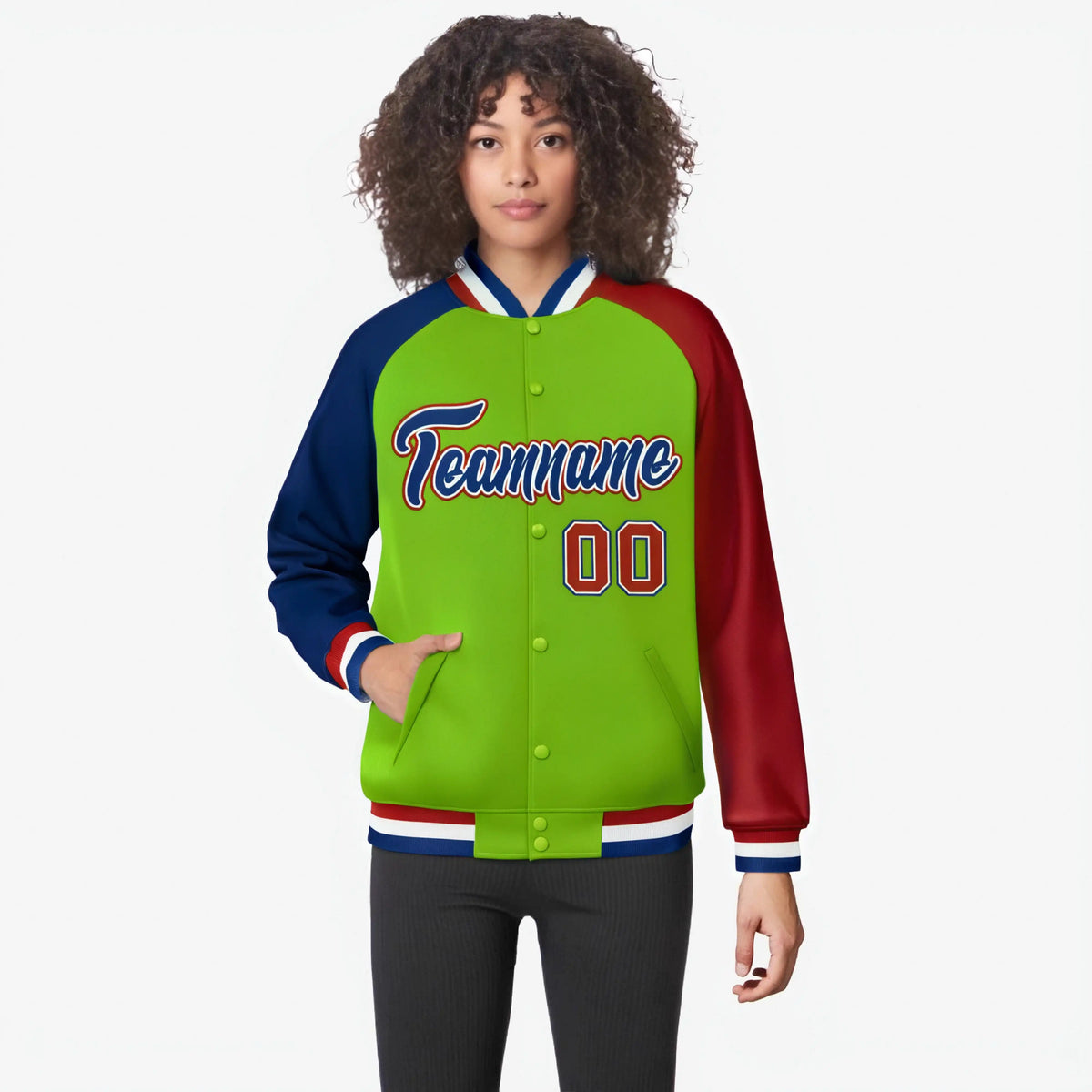Custom Neon Green Red-Royal Blue Raglan Sleeves Varsity Full-Snap Letterman Jacket