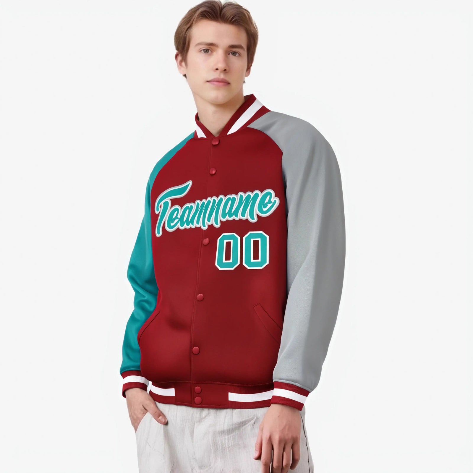Custom Red Gray-Aqua Raglan Sleeves Varsity Full-Snap Letterman Jacket