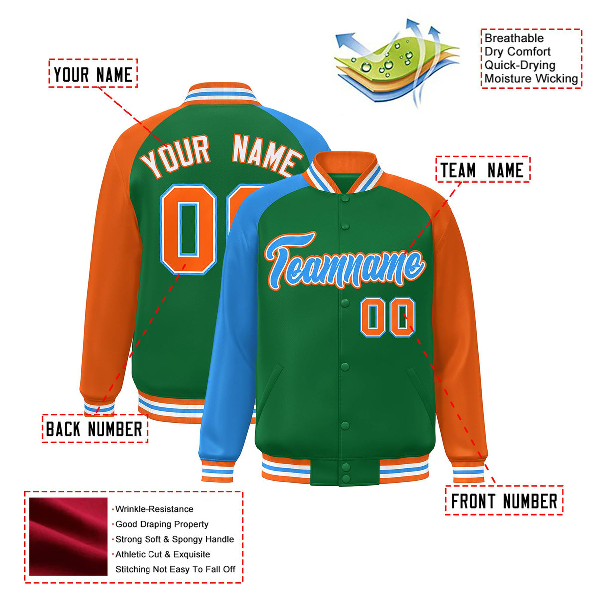 Custom Kelly Green Orange-Powder Blue Raglan Sleeves Varsity Full-Snap Letterman Jacket