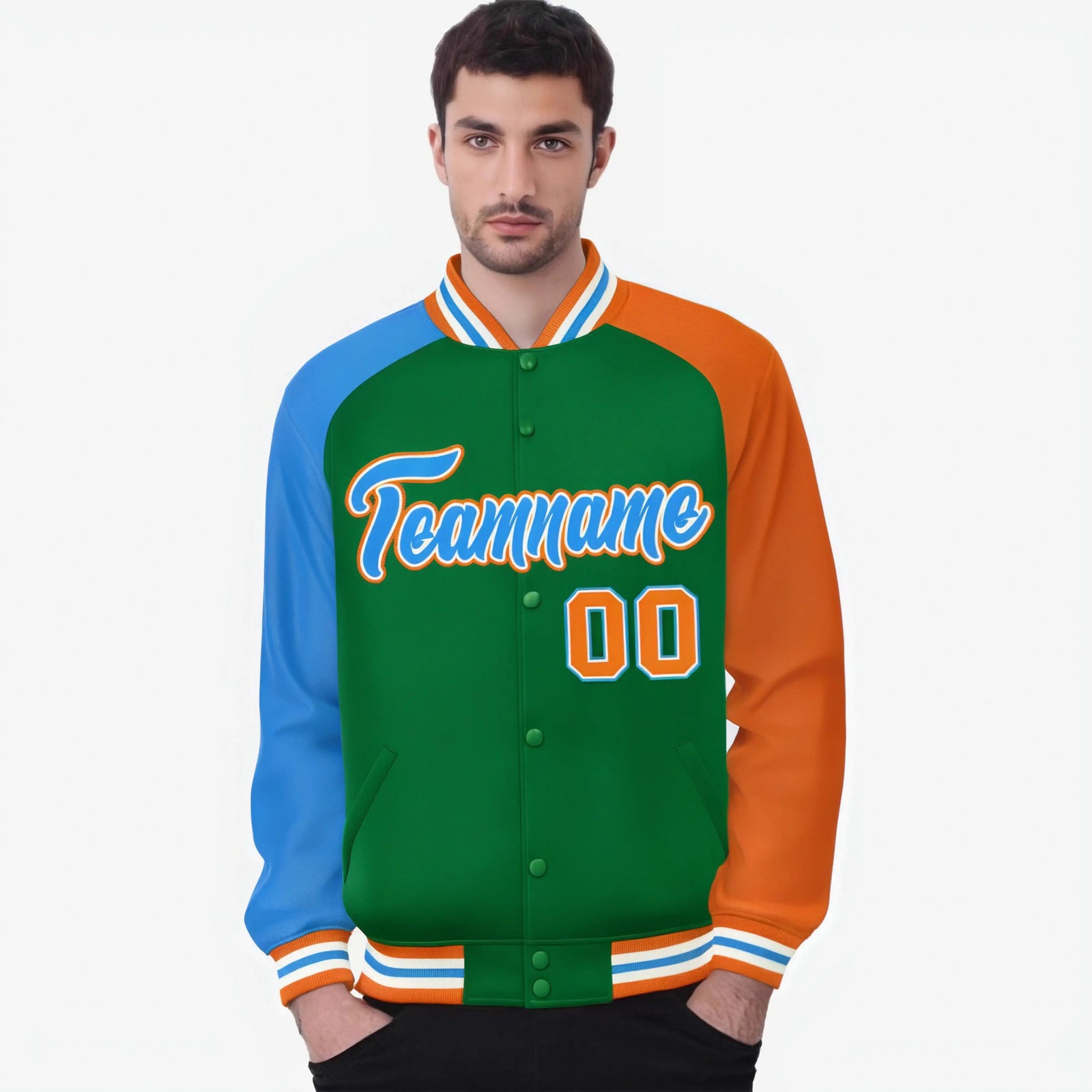 Custom Kelly Green Orange-Powder Blue Raglan Sleeves Varsity Full-Snap Letterman Jacket