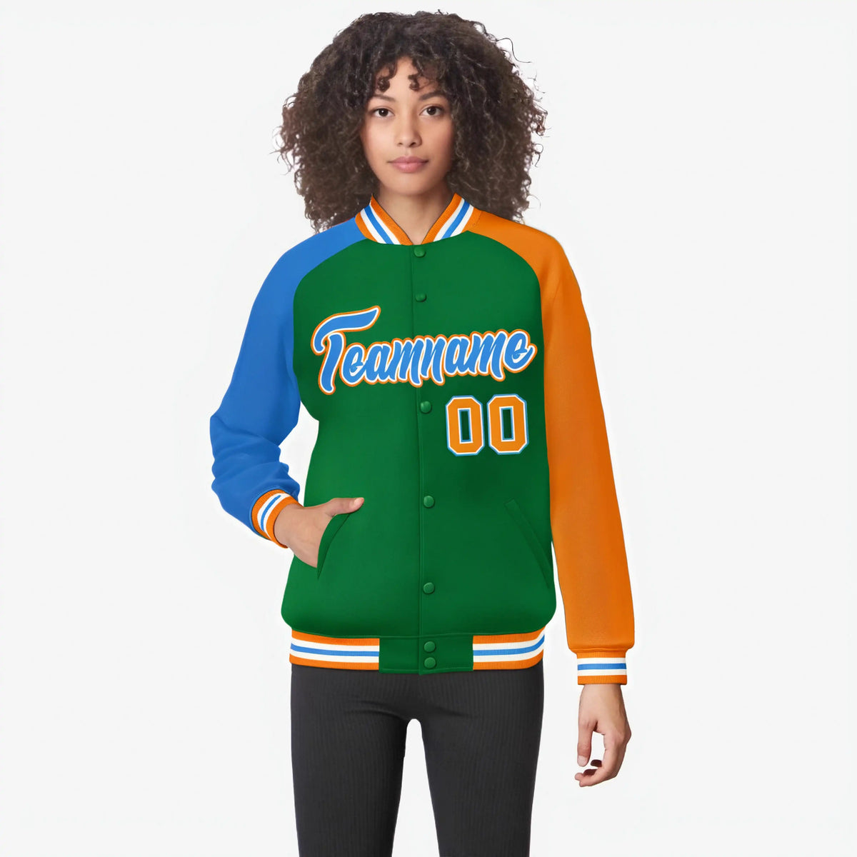 Custom Kelly Green Orange-Powder Blue Raglan Sleeves Varsity Full-Snap Letterman Jacket