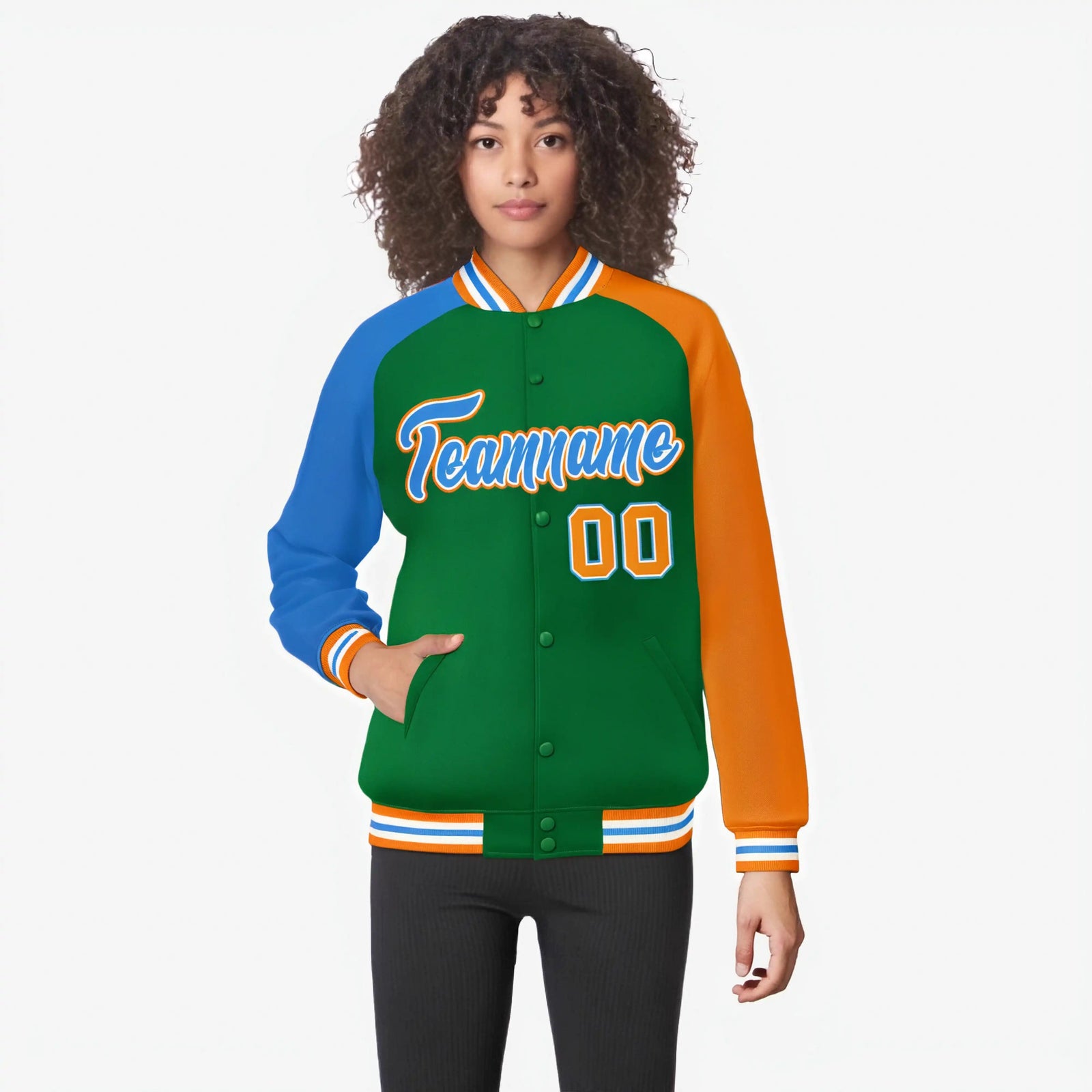 Custom Kelly Green Orange-Powder Blue Raglan Sleeves Varsity Full-Snap Letterman Jacket