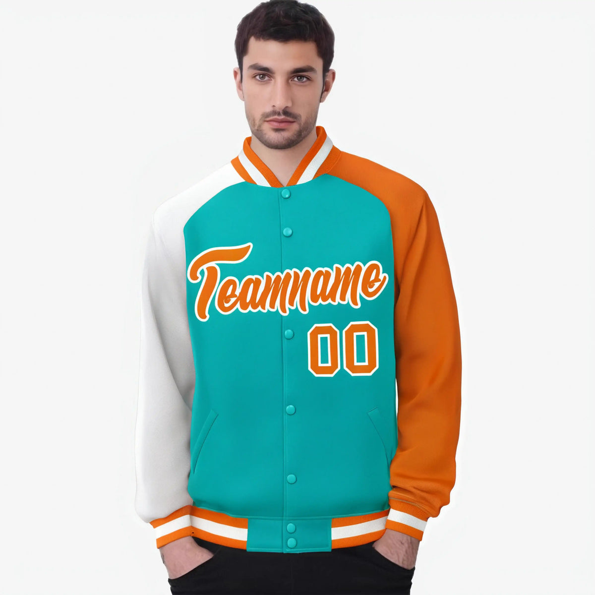 Custom Aqua Orange-White Raglan Sleeves Varsity Full-Snap Letterman Jacket