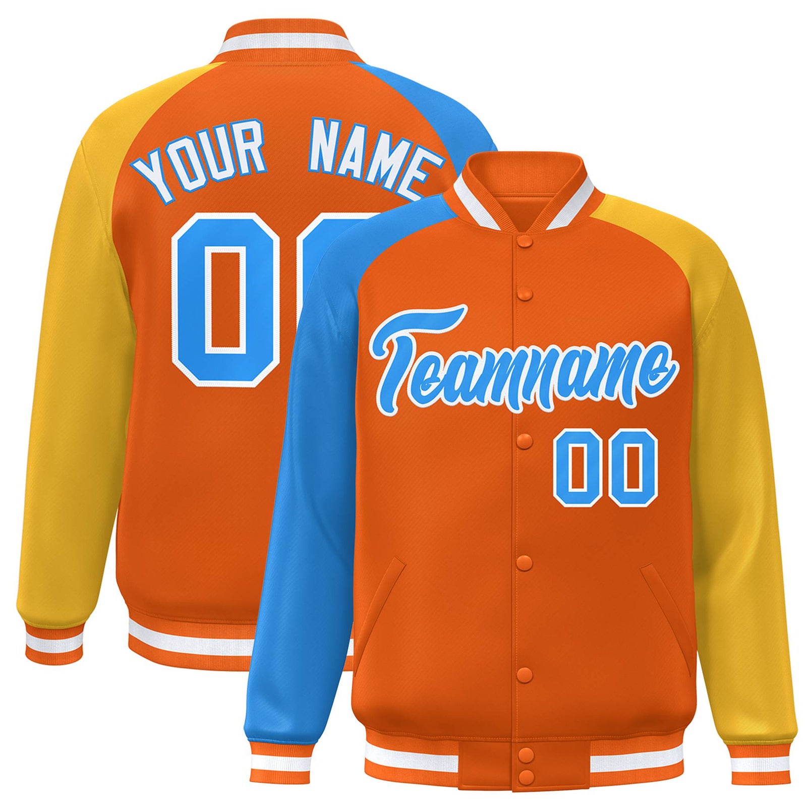 Custom Orange Gold-Powder Blue Raglan Sleeves Varsity Full-Snap Letterman Jacket