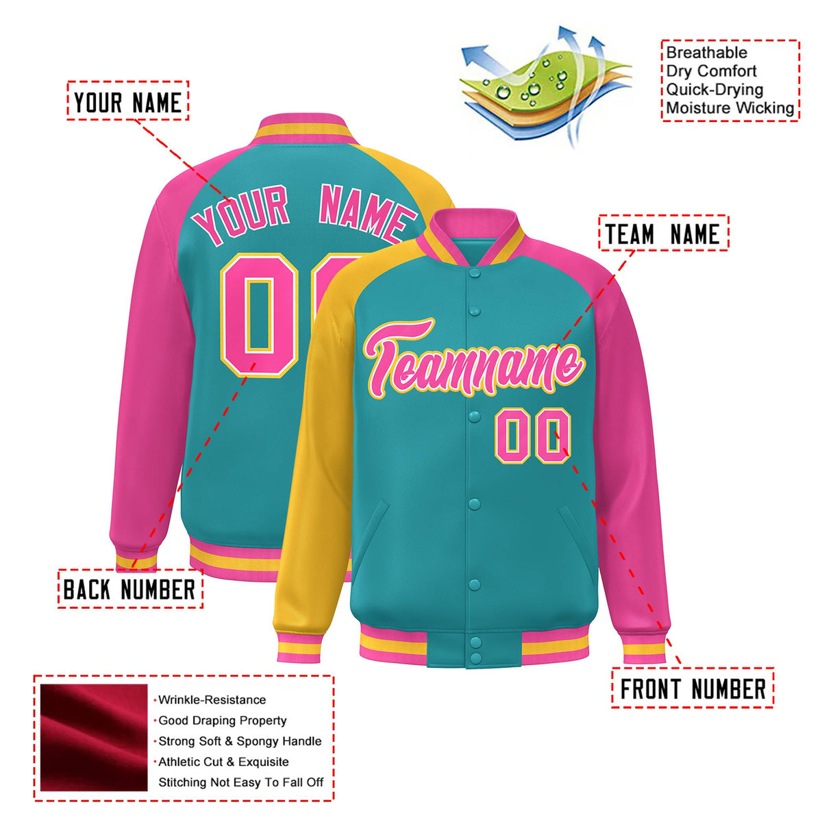 Custom Orange Gold-Powder Blue Raglan Sleeves Varsity Full-Snap Letterman Jacket