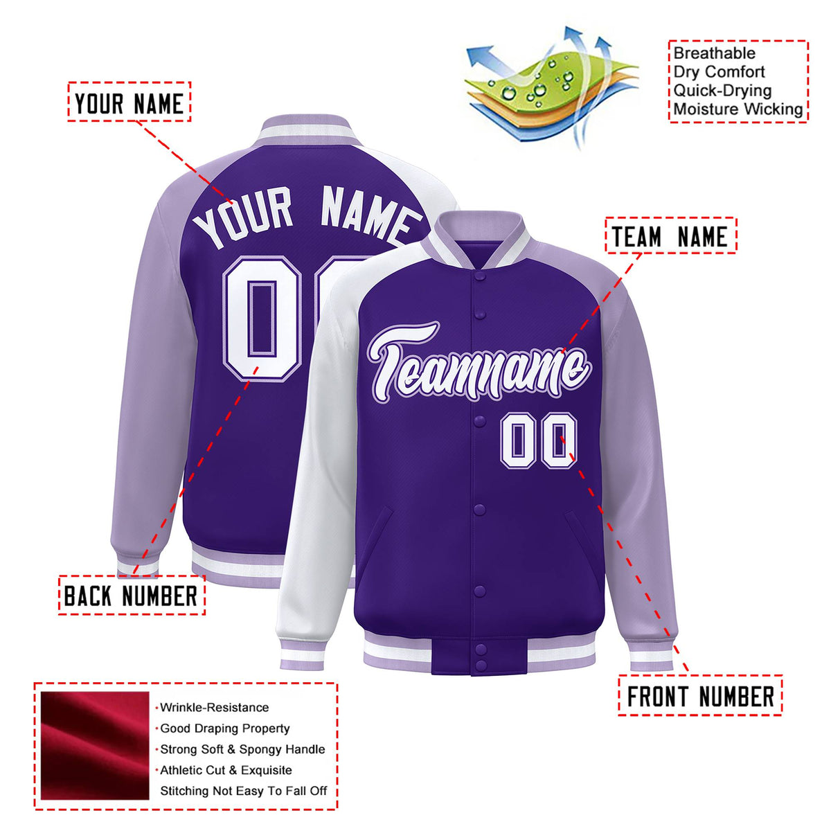 Custom Purple Light Purple-White Raglan Sleeves Varsity Full-Snap Letterman Jacket