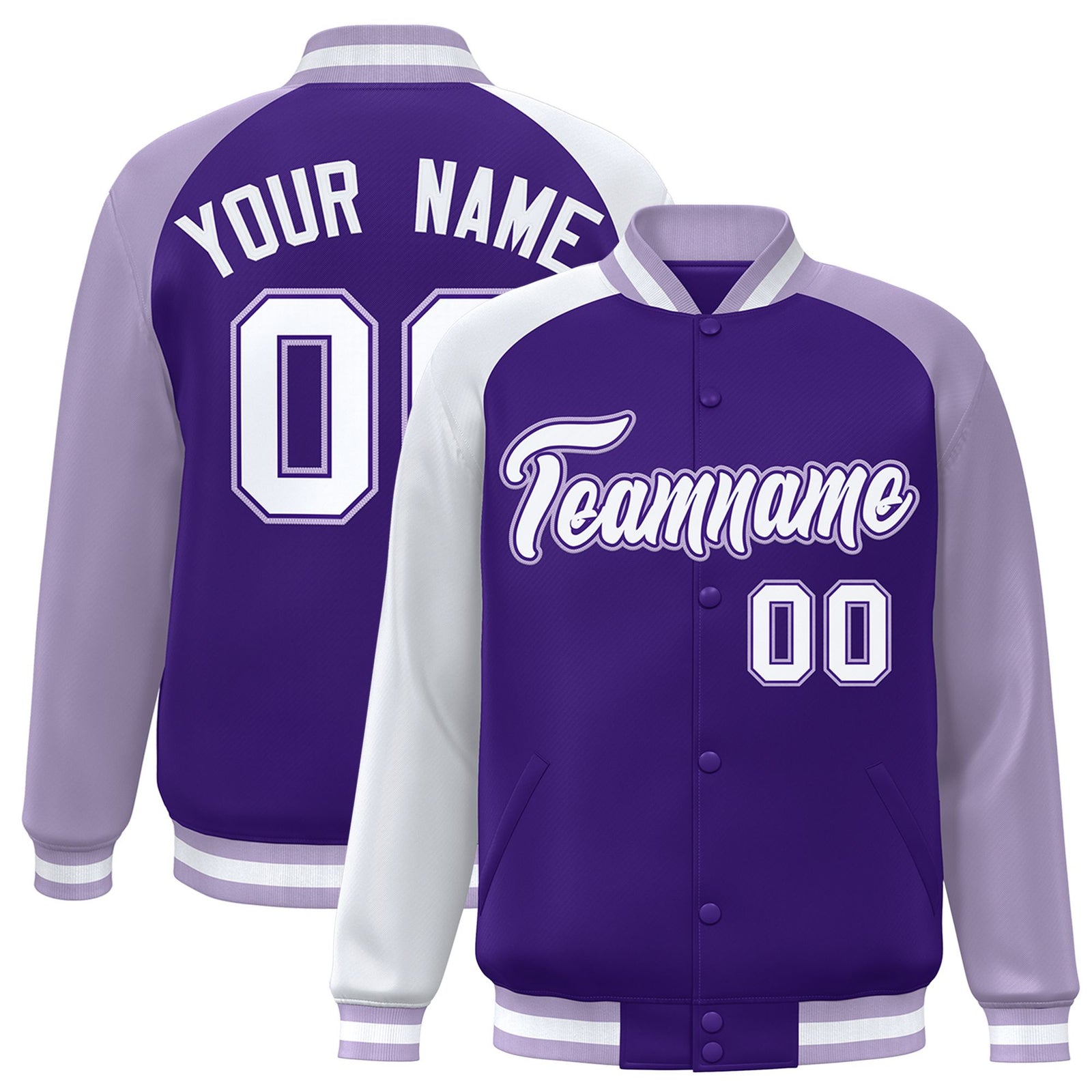 Custom Purple Light Purple-White Raglan Sleeves Varsity Full-Snap Letterman Jacket