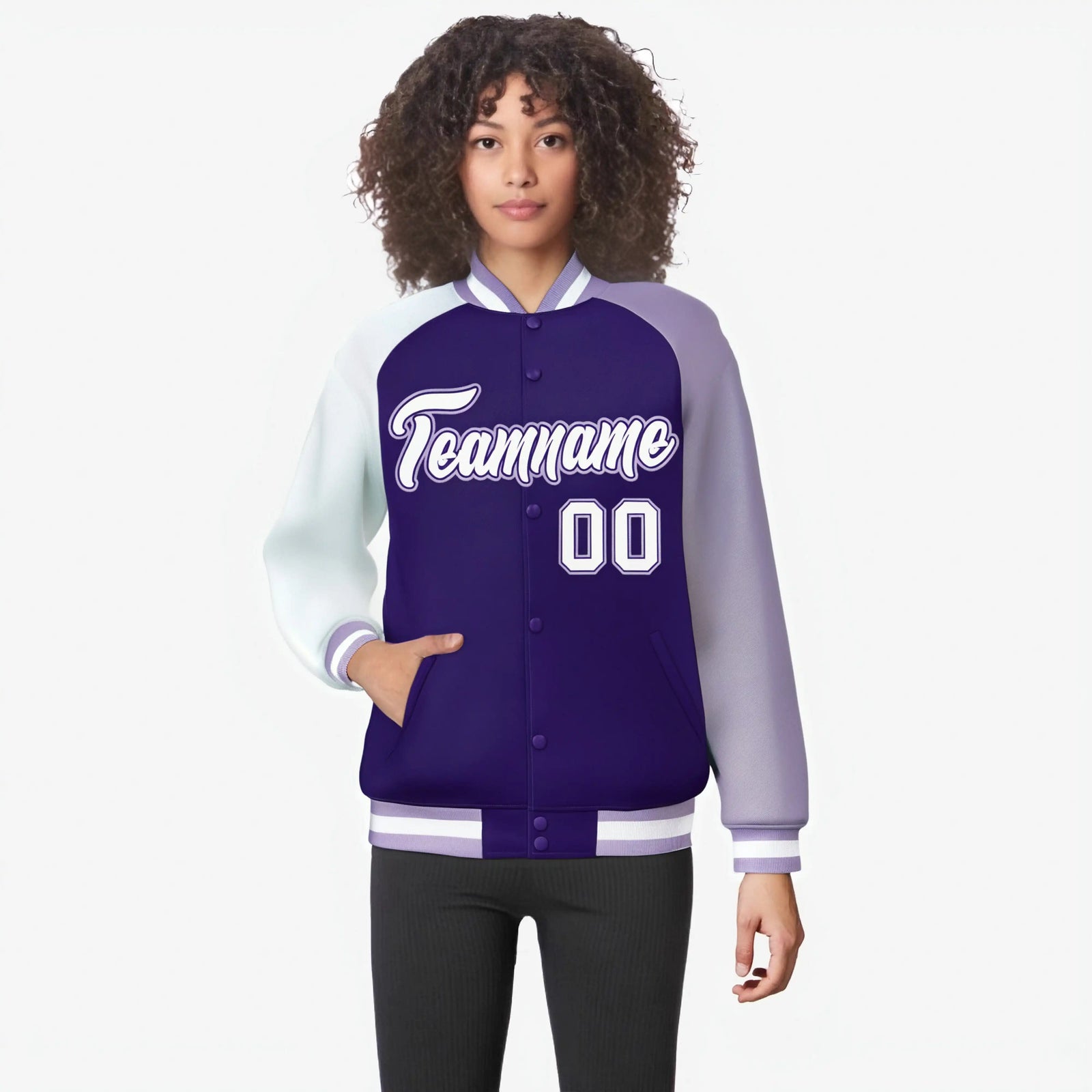 Custom Purple Light Purple-White Raglan Sleeves Varsity Full-Snap Letterman Jacket