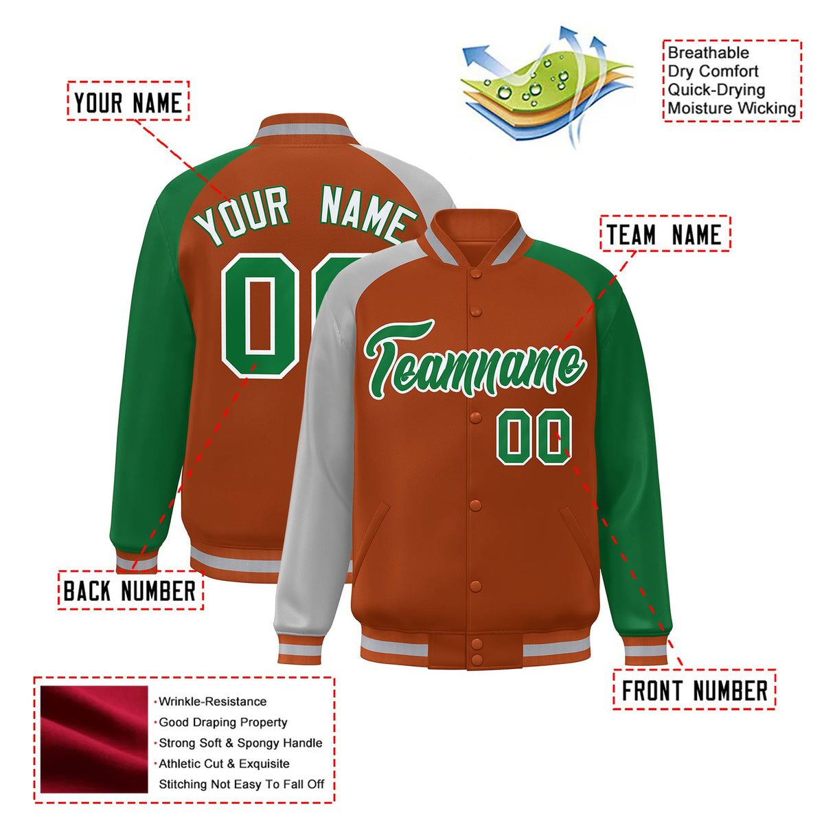 Custom Munsell Kelly Green-Gray Raglan Sleeves Varsity Full-Snap Letterman Jacket