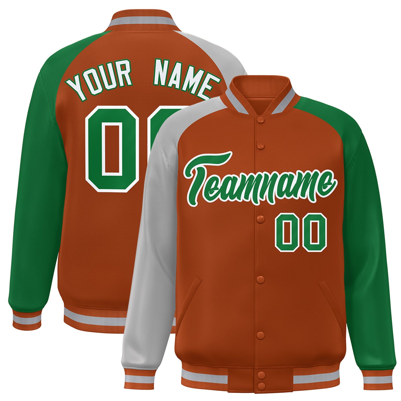 Custom Munsell Kelly Green-Gray Raglan Sleeves Varsity Full-Snap Letterman Jacket