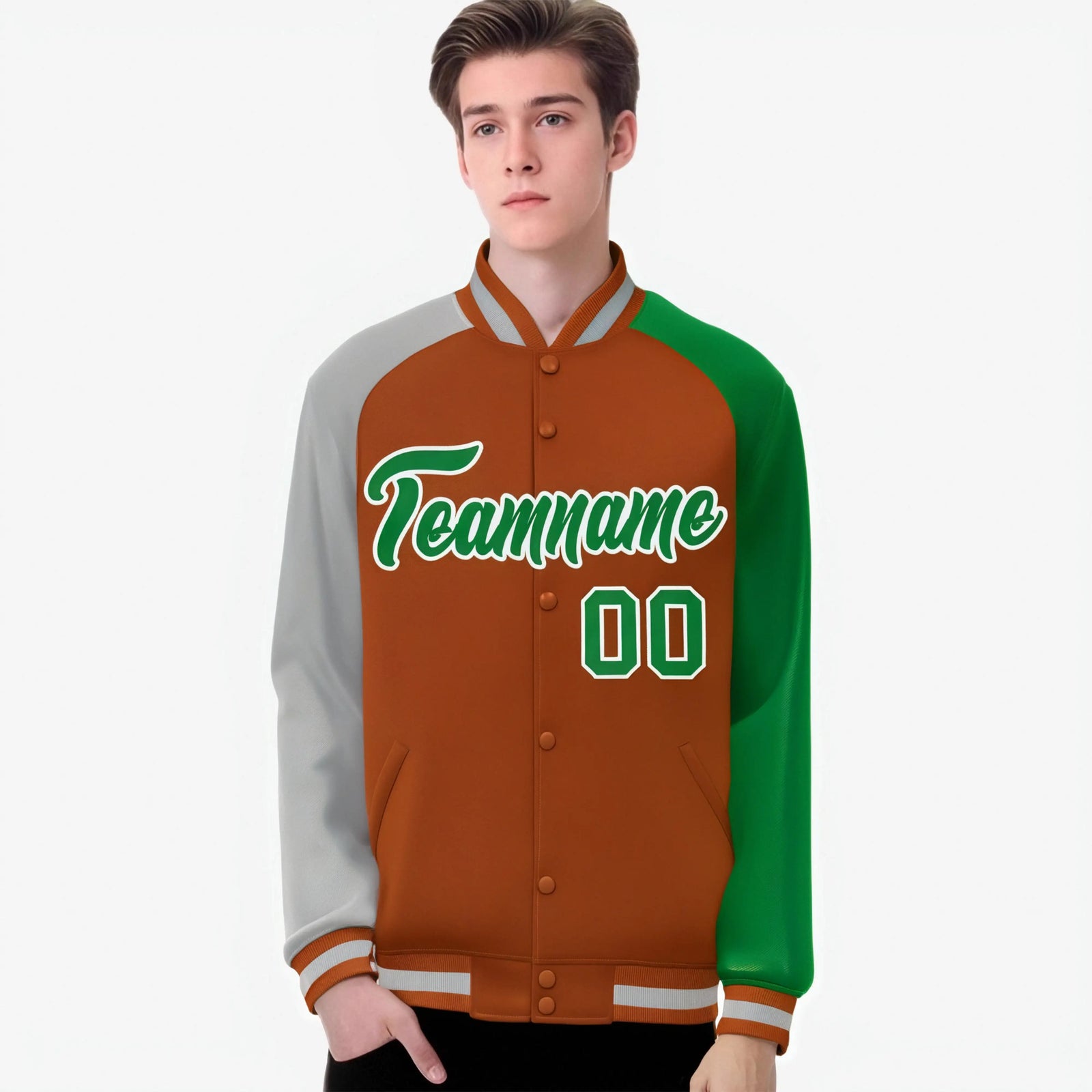 Custom Munsell Kelly Green-Gray Raglan Sleeves Varsity Full-Snap Letterman Jacket