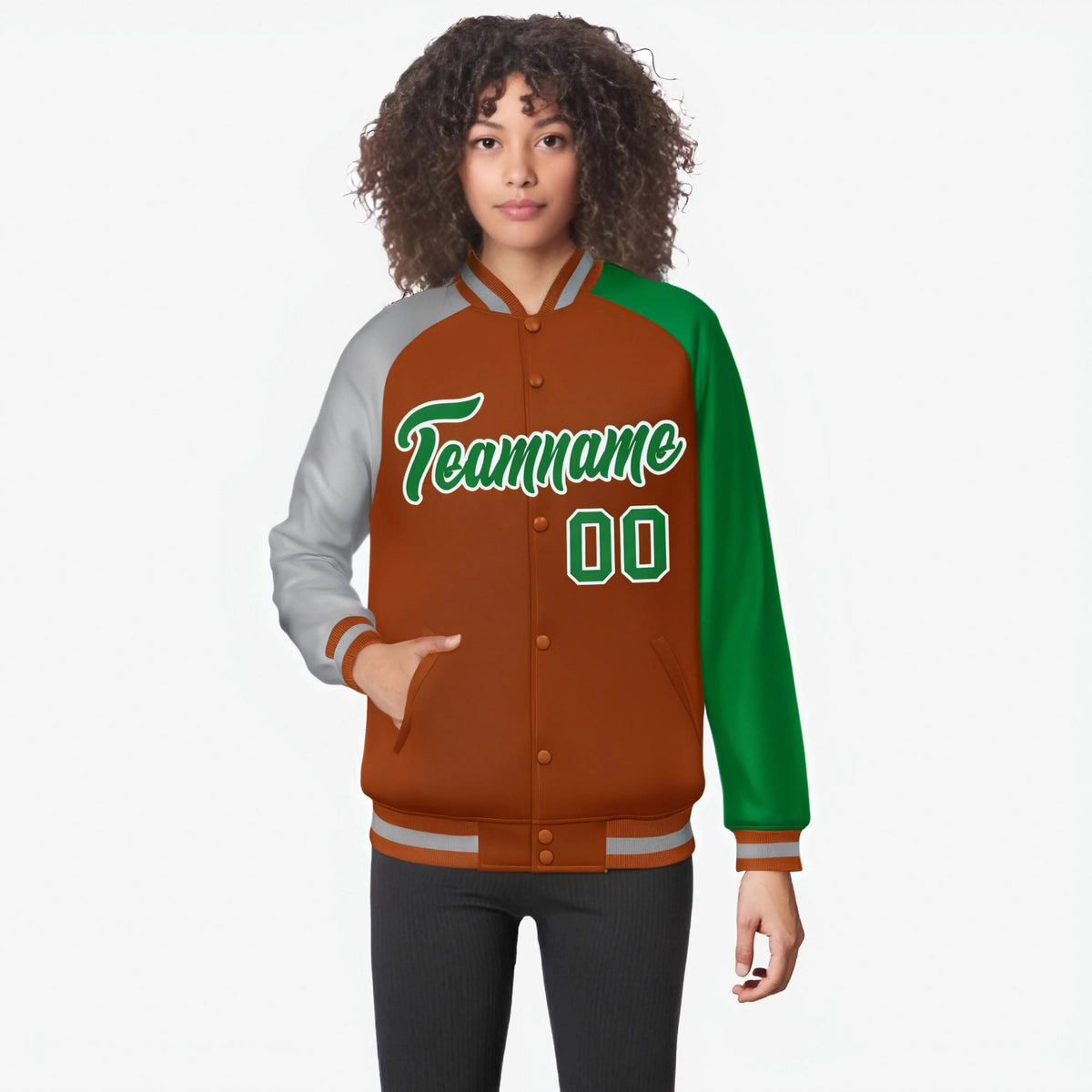 Custom Munsell Kelly Green-Gray Raglan Sleeves Varsity Full-Snap Letterman Jacket