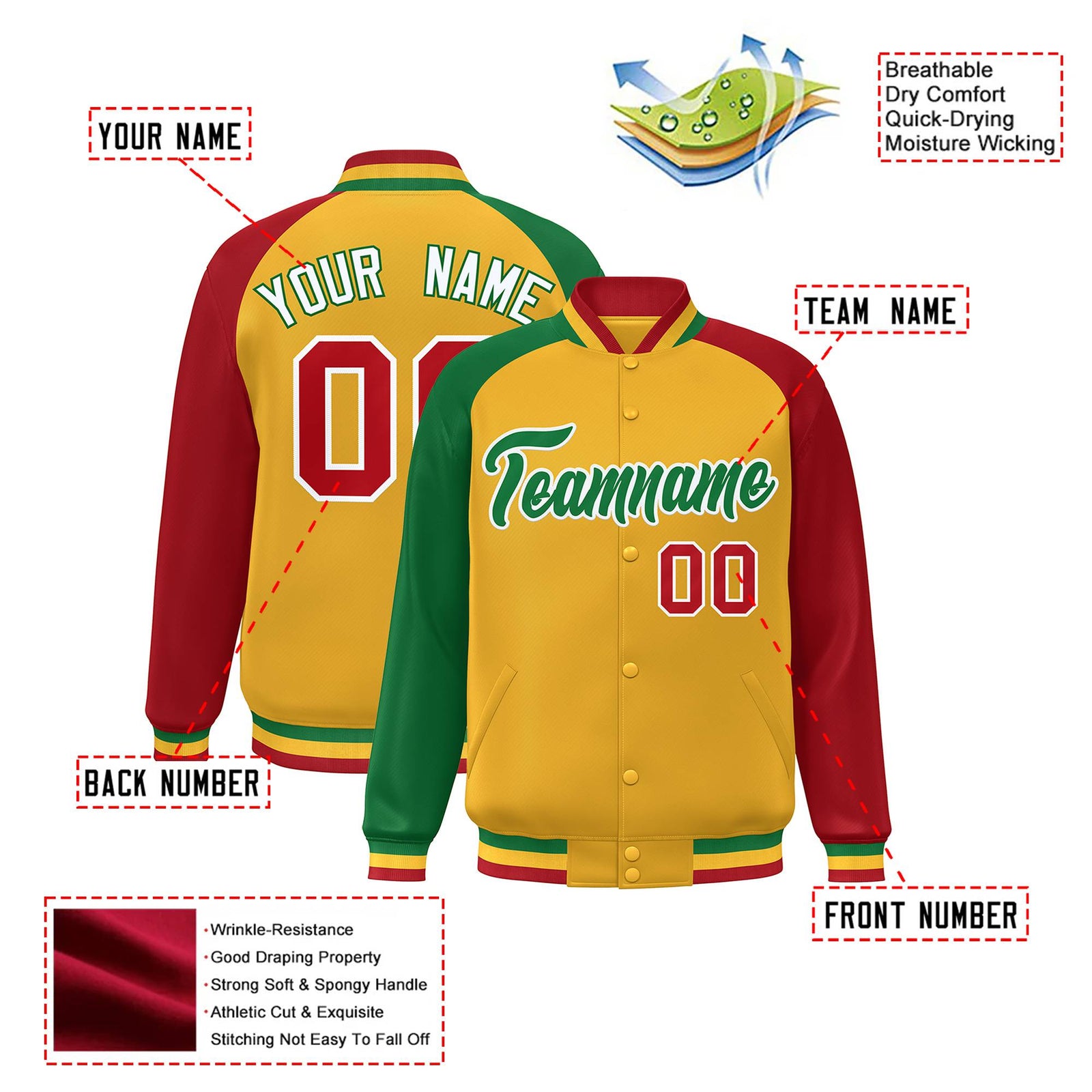 Custom Gold Red-Kelly Green Raglan Sleeves Varsity Full-Snap Letterman Jacket