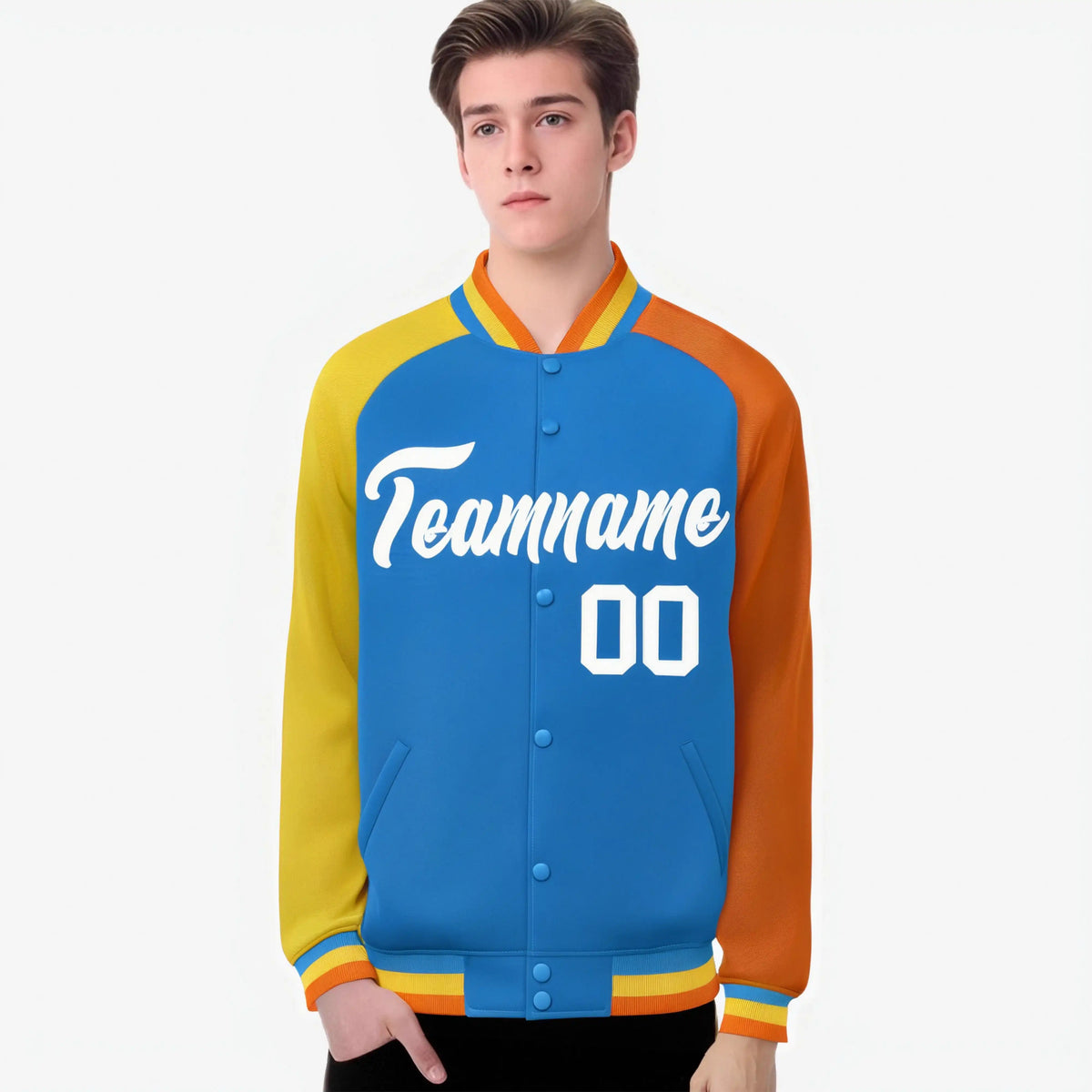 Custom Powder Blue Orange-Gold Raglan Sleeves Varsity Full-Snap Letterman Jacket