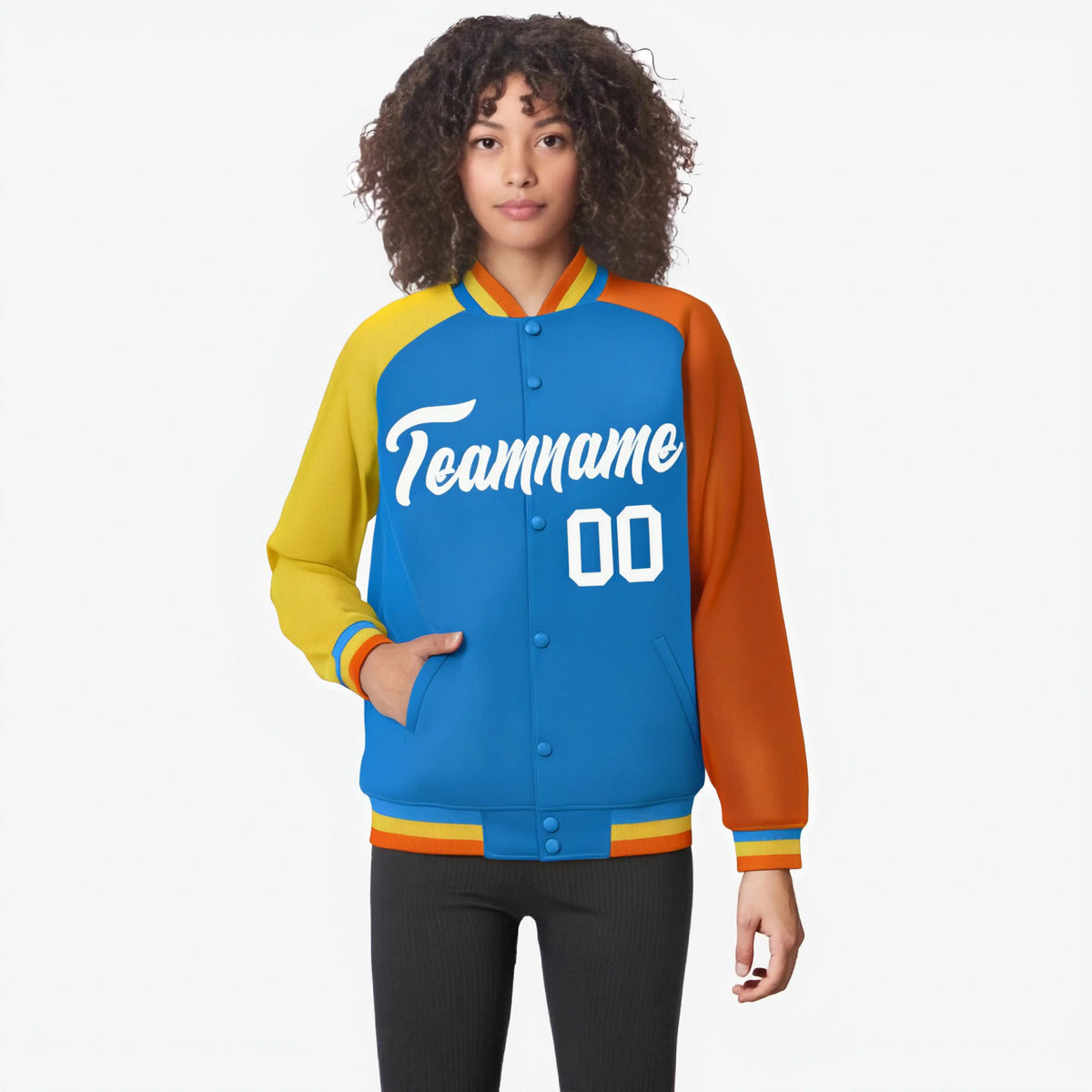 Custom Powder Blue Orange-Gold Raglan Sleeves Varsity Full-Snap Letterman Jacket