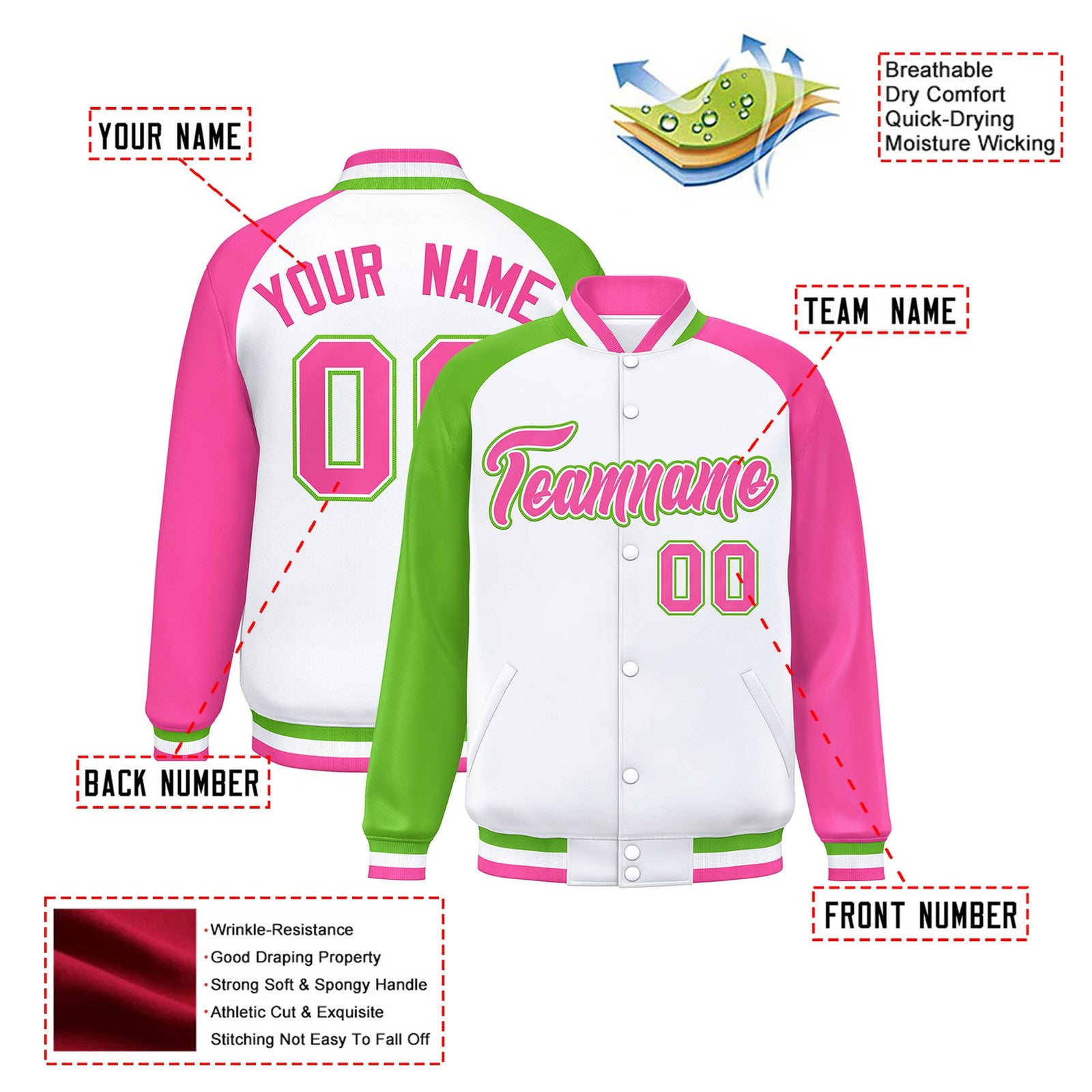 Custom White Pink-Neon Green Raglan Sleeves Varsity Full-Snap Letterman Jacket