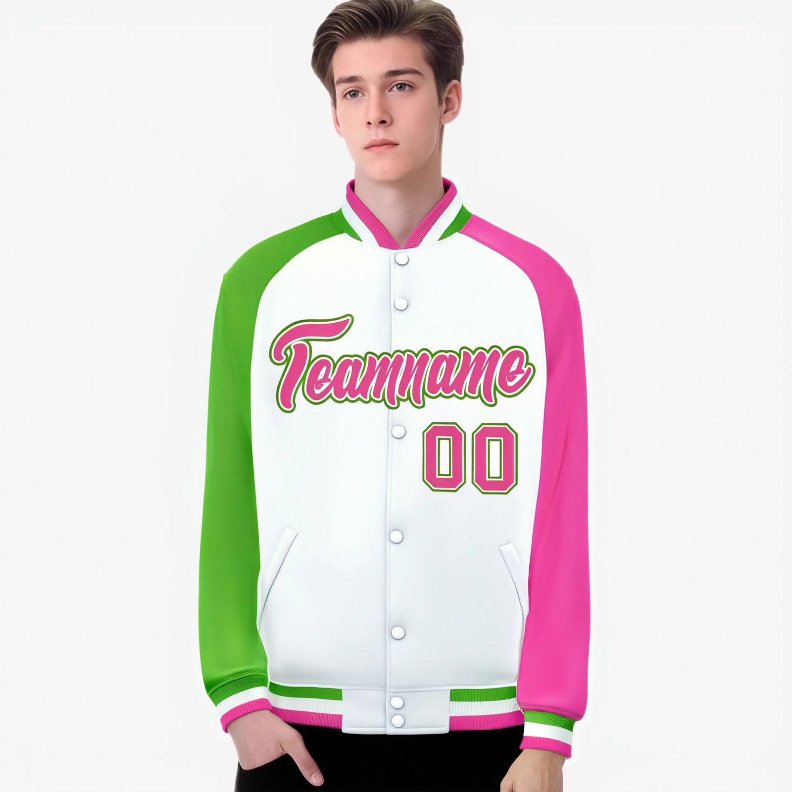 Custom White Pink-Neon Green Raglan Sleeves Varsity Full-Snap Letterman Jacket