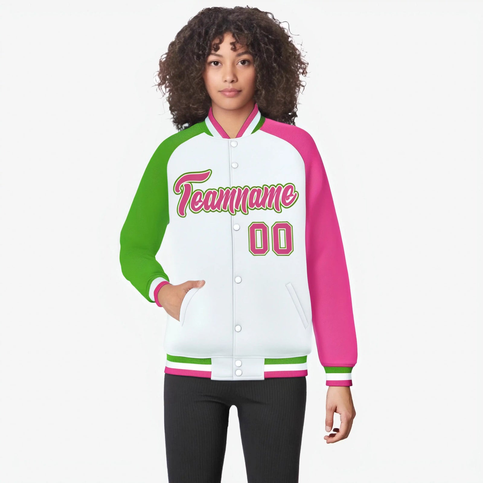 Custom White Pink-Neon Green Raglan Sleeves Varsity Full-Snap Letterman Jacket
