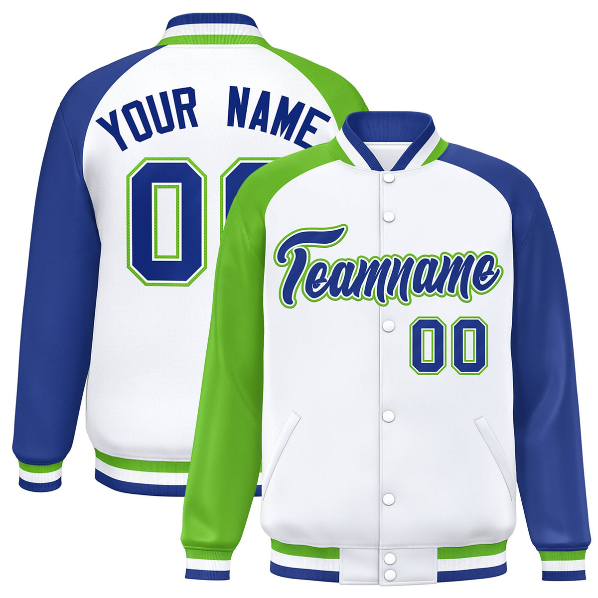Custom White Royal Blue-Neon Green Raglan Sleeves Varsity Full-Snap Letterman Jacket