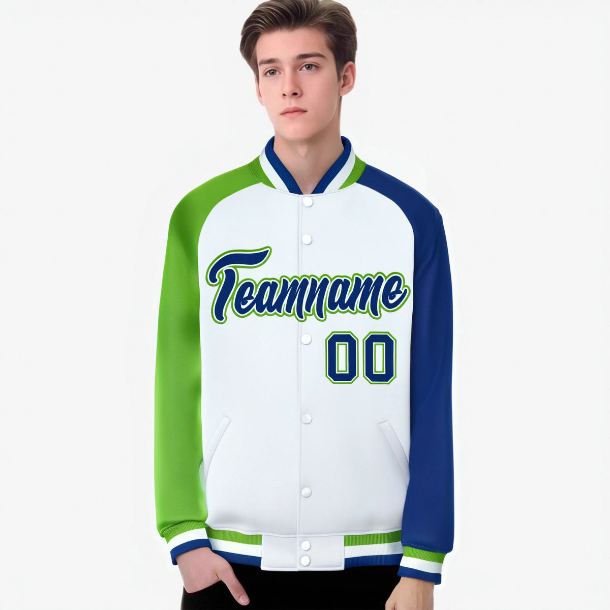 Custom White Royal Blue-Neon Green Raglan Sleeves Varsity Full-Snap Letterman Jacket