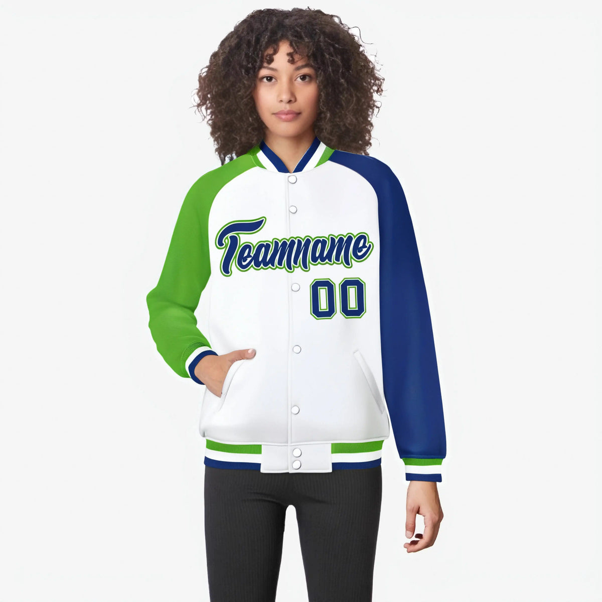 Custom White Royal Blue-Neon Green Raglan Sleeves Varsity Full-Snap Letterman Jacket