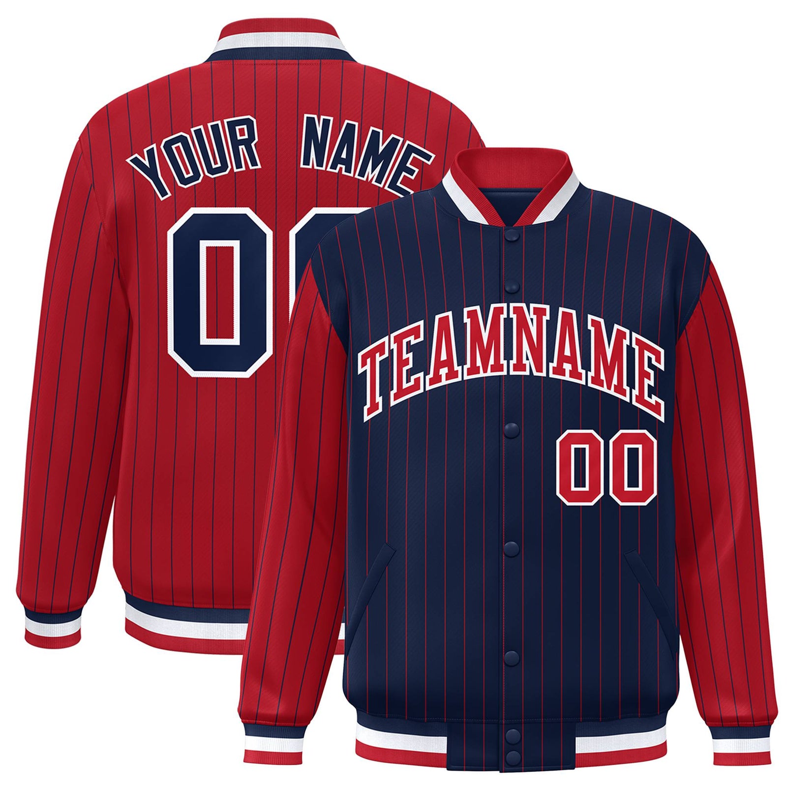 Custom Navy Red-Navy Personalized Stripe Fashion Letterman Bomber Varsity Jacket