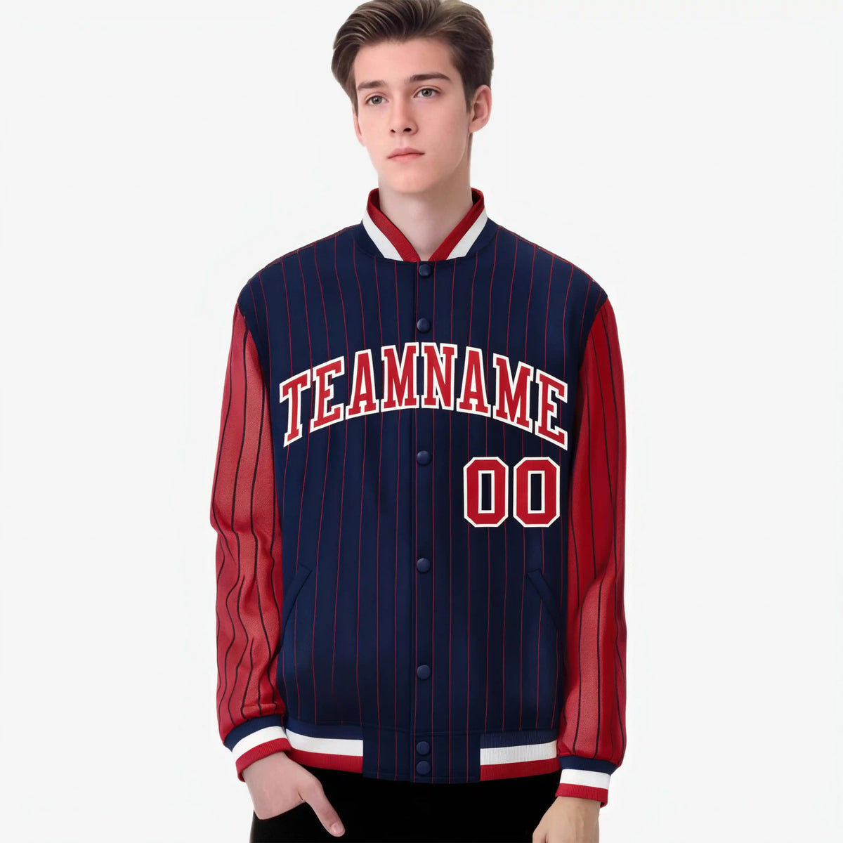 Custom Navy Red-Navy Personalized Stripe Fashion Letterman Bomber Varsity Jacket
