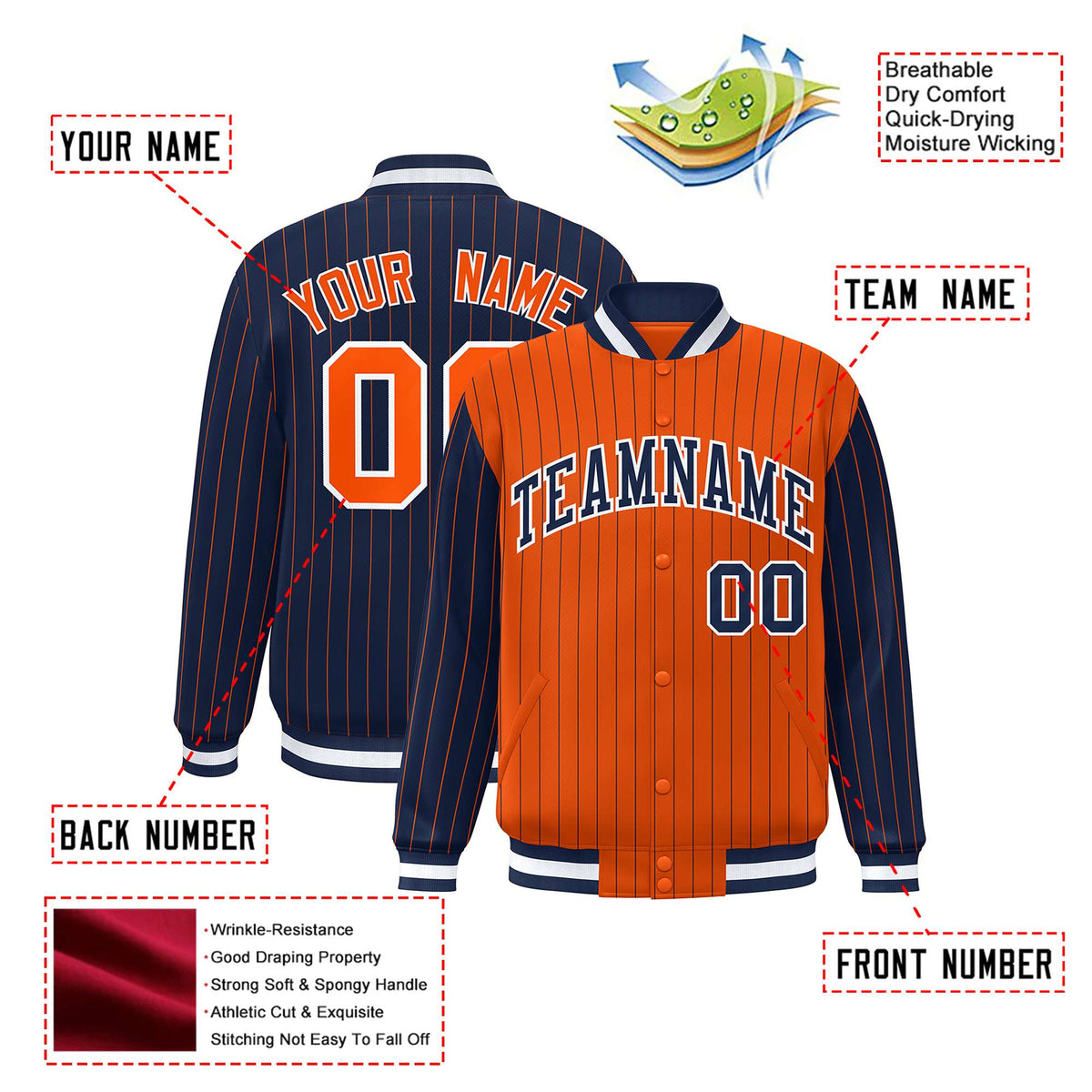 Custom Orange Navy-Orange Personalized Stripe Fashion Letterman Bomber Varsity Jacket
