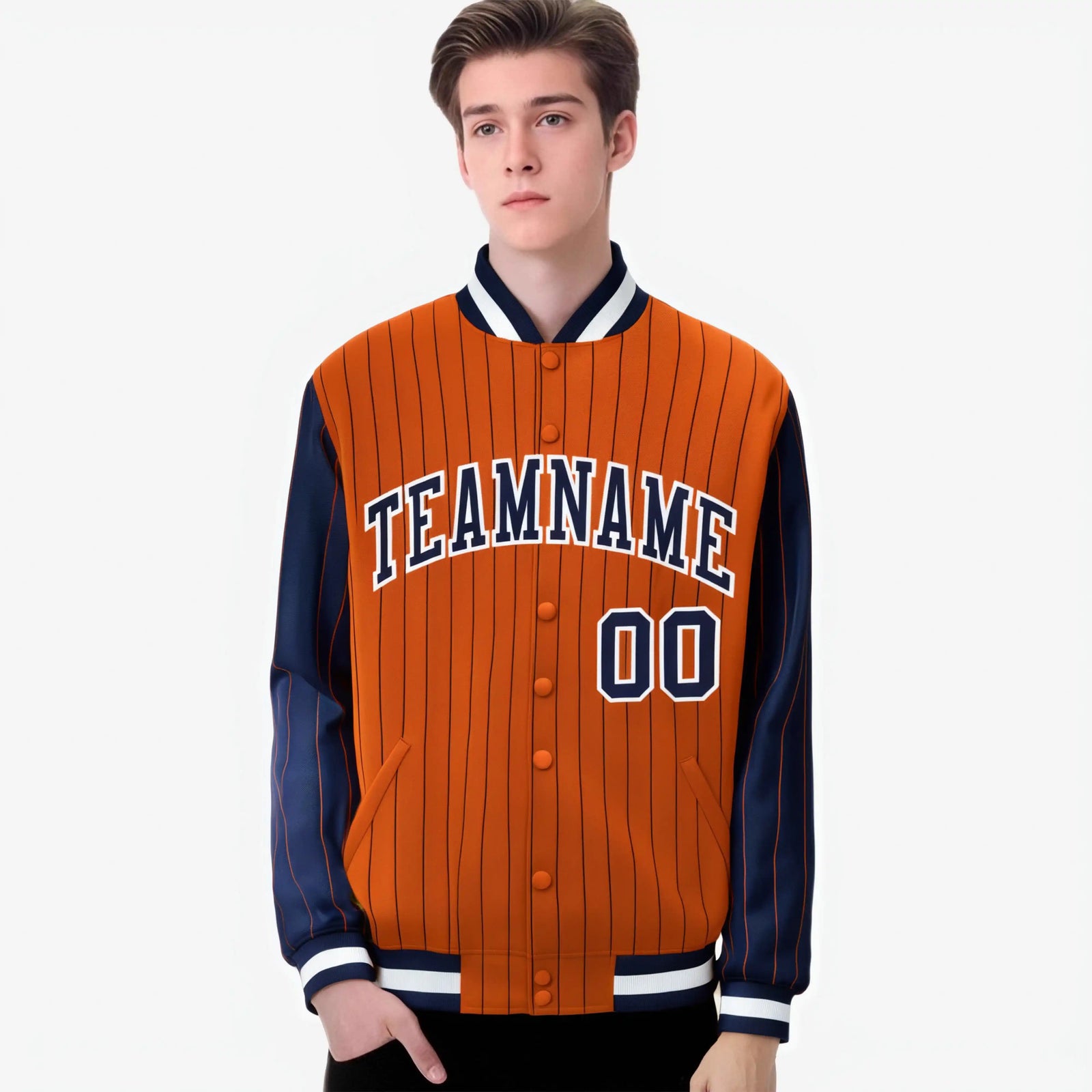 Custom Orange Navy-Orange Personalized Stripe Fashion Letterman Bomber Varsity Jacket