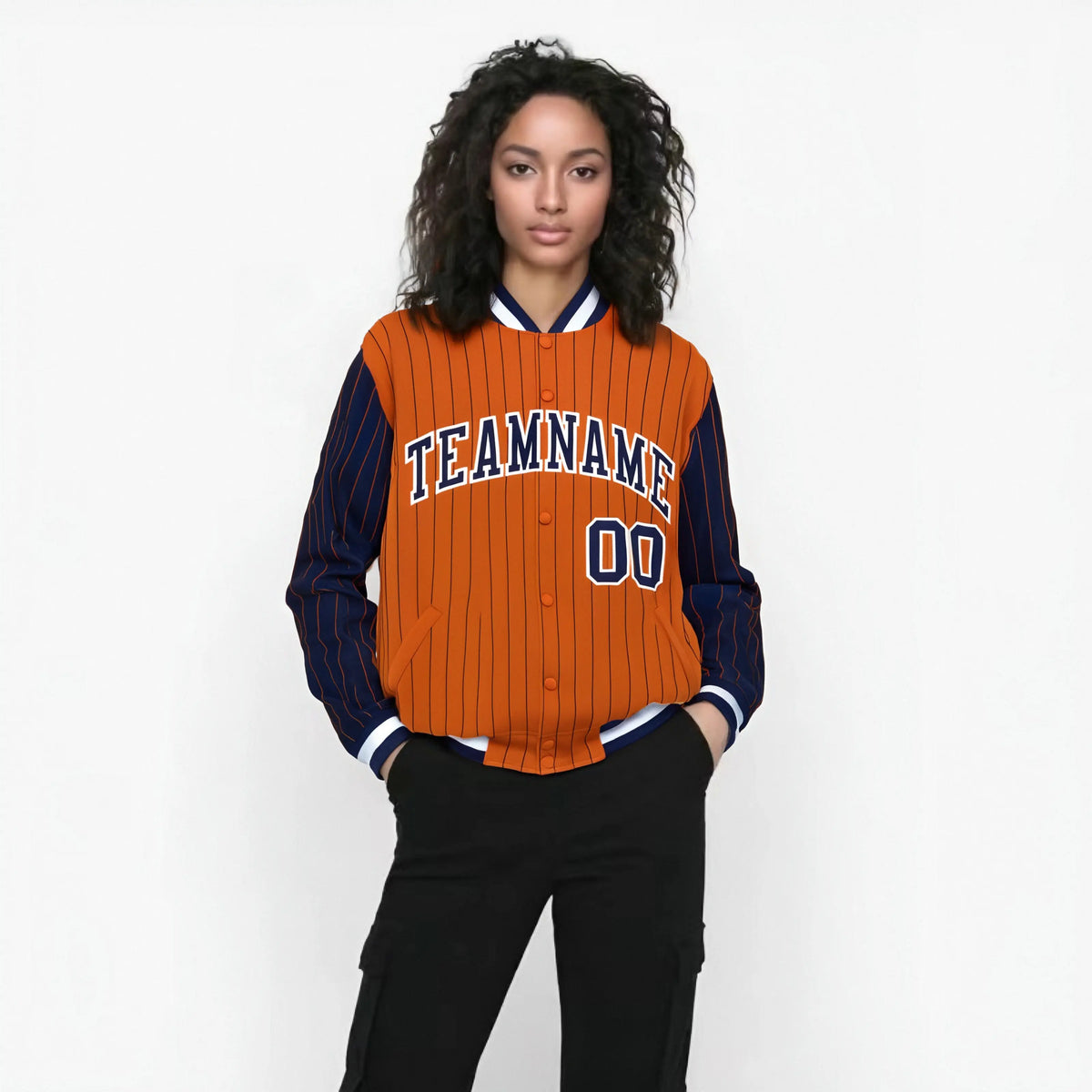 Custom Orange Navy-Orange Personalized Stripe Fashion Letterman Bomber Varsity Jacket