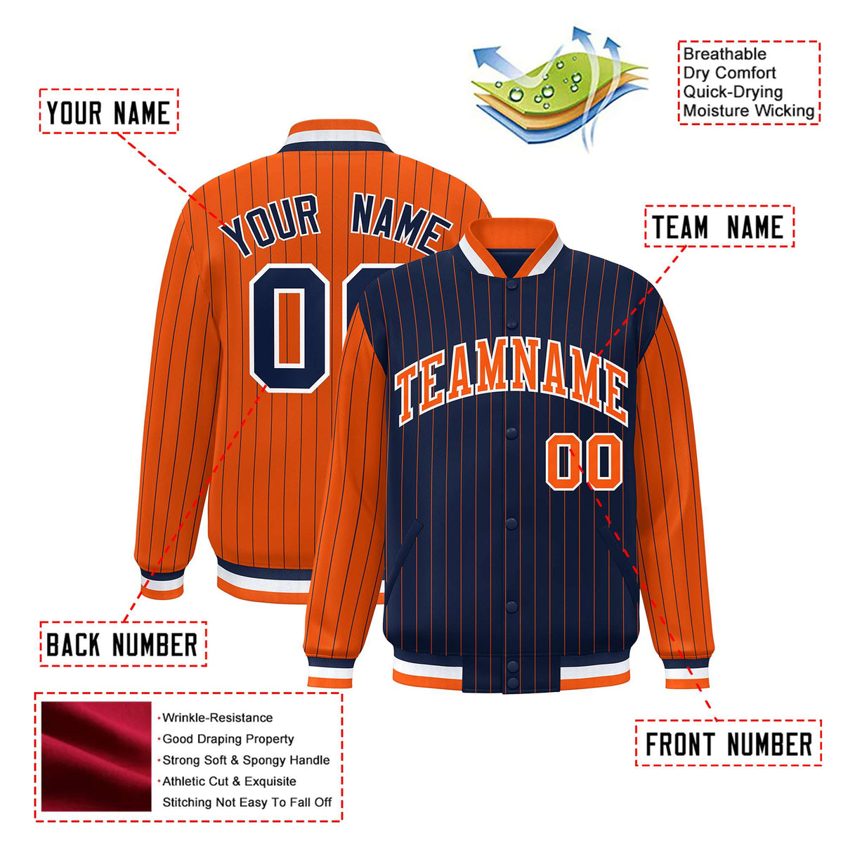 Custom Navy Orange-Navy Personalized Stripe Fashion Letterman Bomber Varsity Jacket