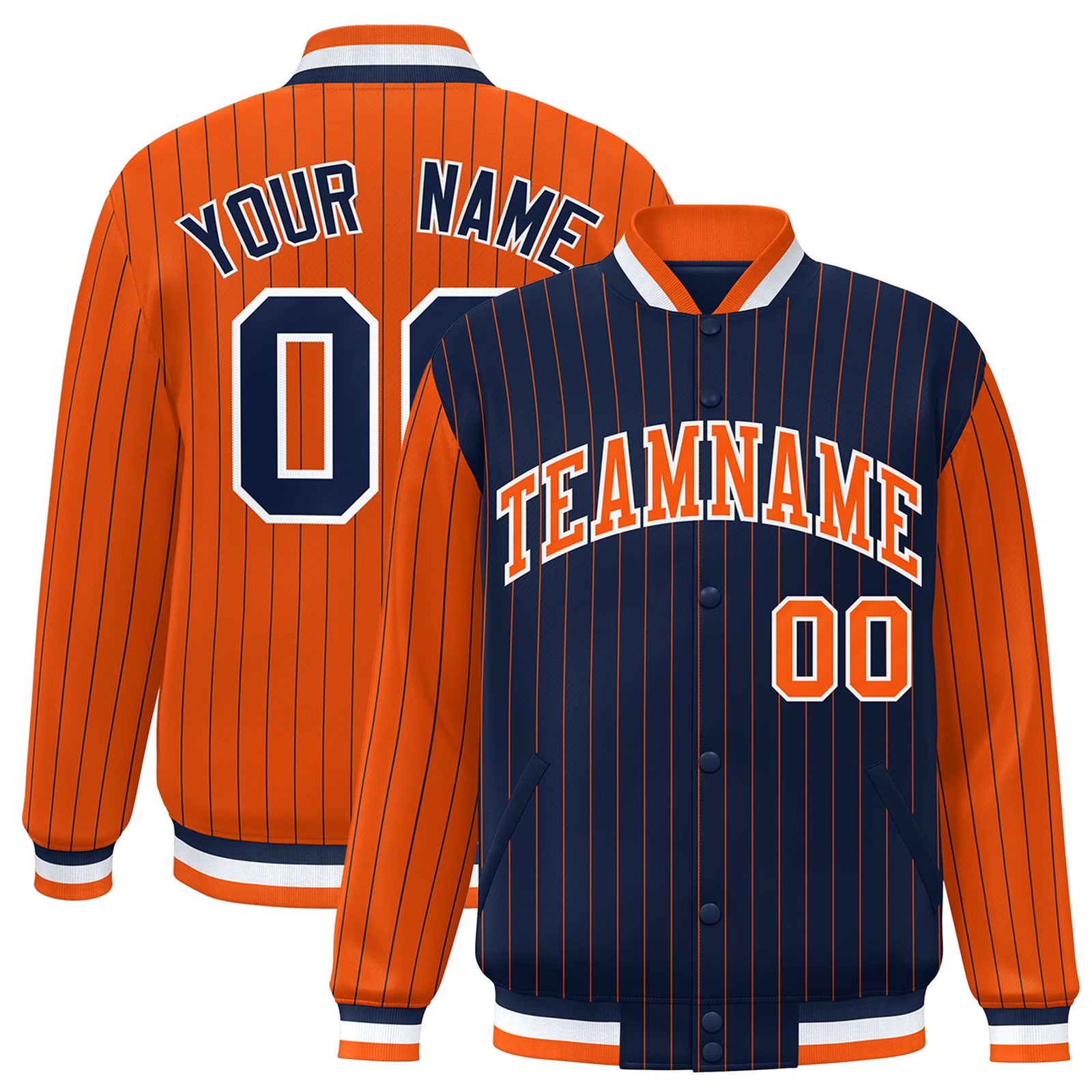 Custom Navy Orange-Navy Personalized Stripe Fashion Letterman Bomber Varsity Jacket