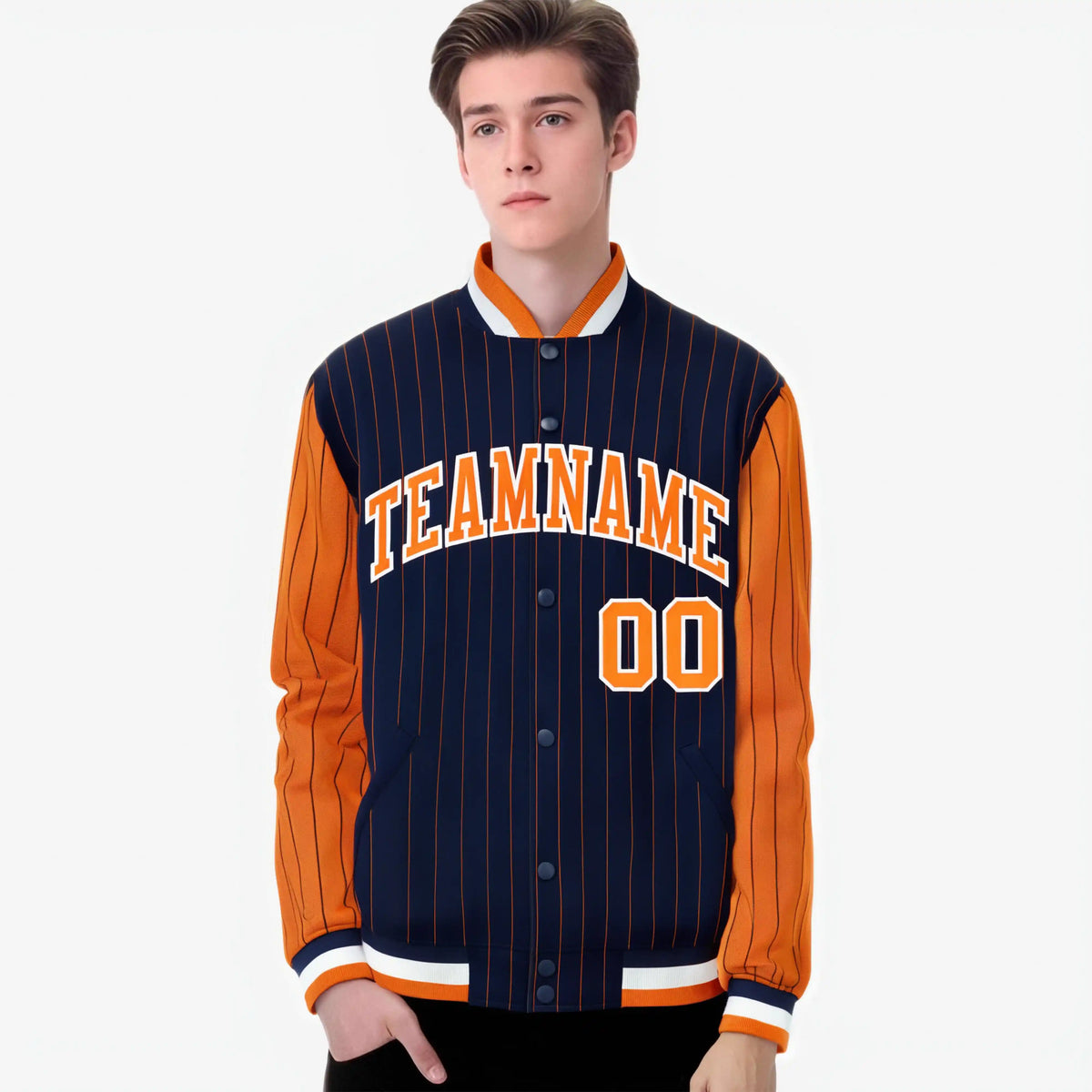 Custom Navy Orange-Navy Personalized Stripe Fashion Letterman Bomber Varsity Jacket
