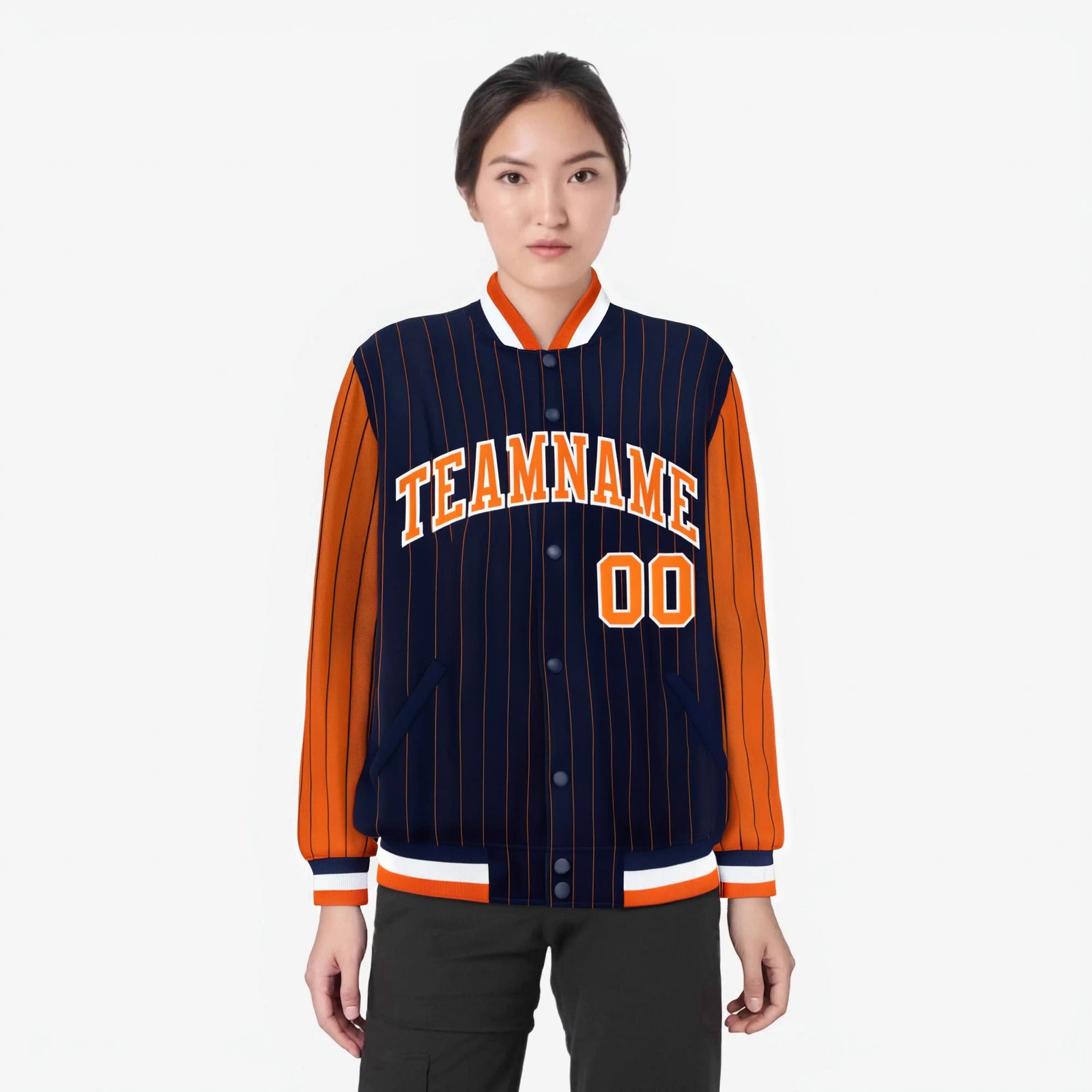 Custom Navy Orange-Navy Personalized Stripe Fashion Letterman Bomber Varsity Jacket
