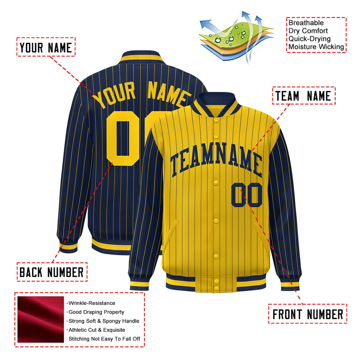 Custom Gold Navy-Gold Personalized Stripe Fashion Letterman Bomber Varsity Jacket