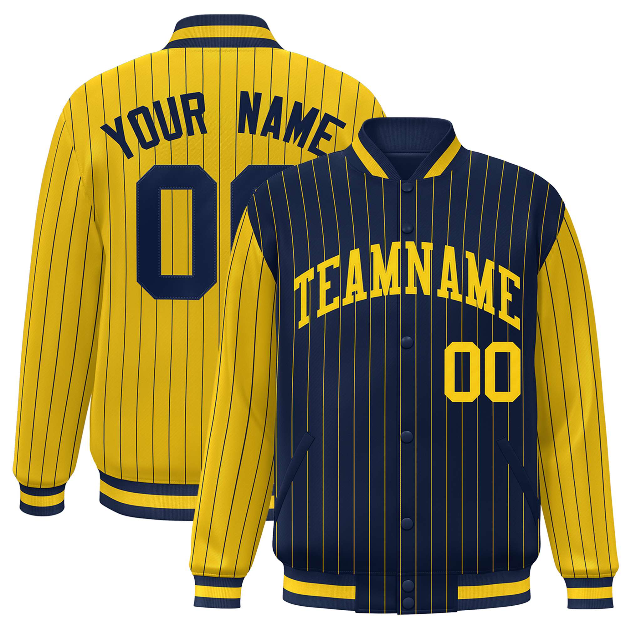 Custom Navy Gold-Navy Personalized Stripe Fashion Letterman Bomber Varsity Jacket