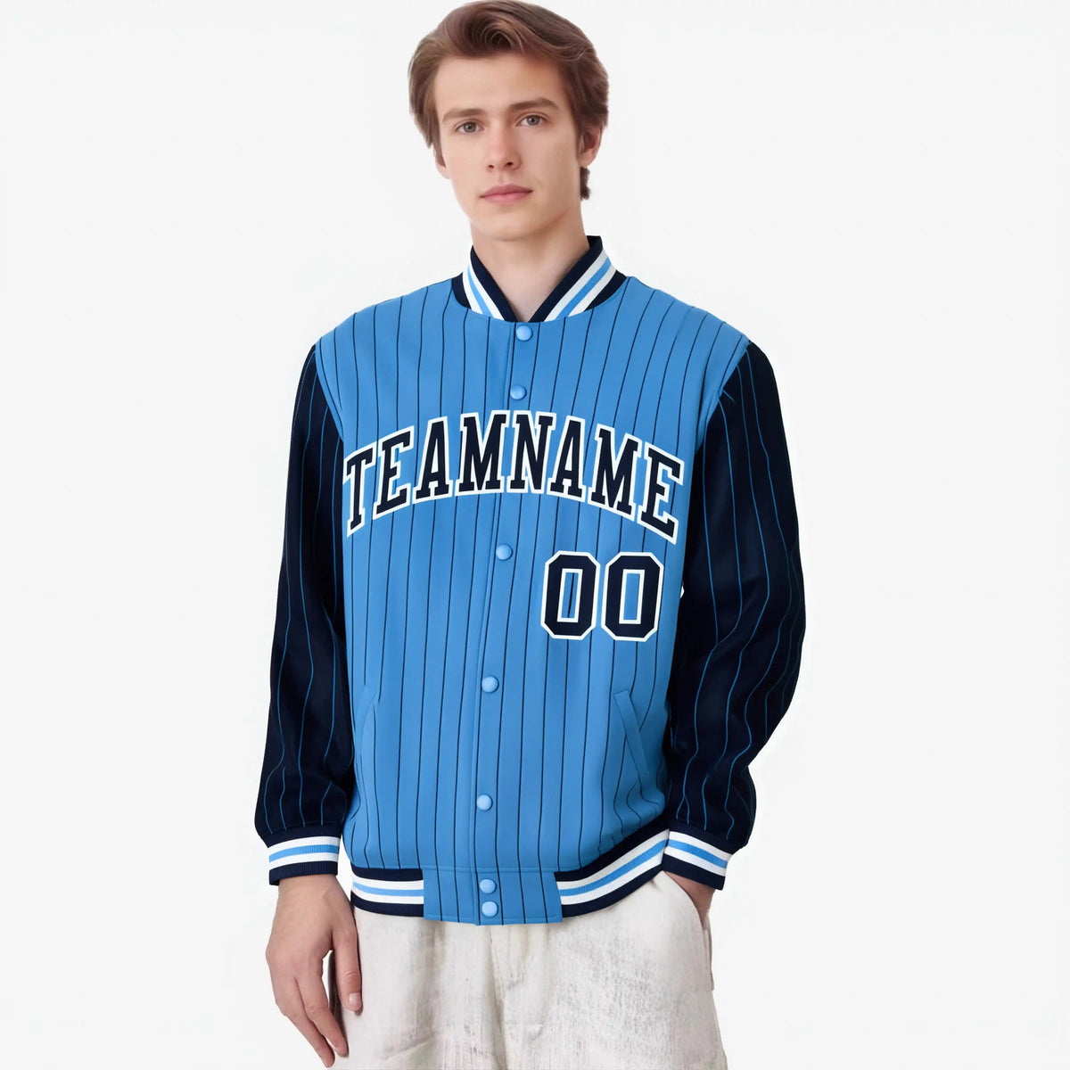 Custom Powder Blue Navy-Powder Blue Personalized Stripe Fashion Letterman Bomber Varsity Jacket