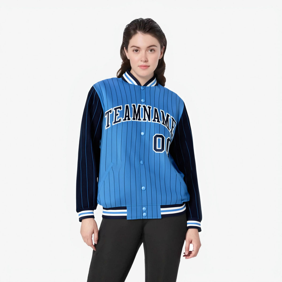 Custom Powder Blue Navy-Powder Blue Personalized Stripe Fashion Letterman Bomber Varsity Jacket
