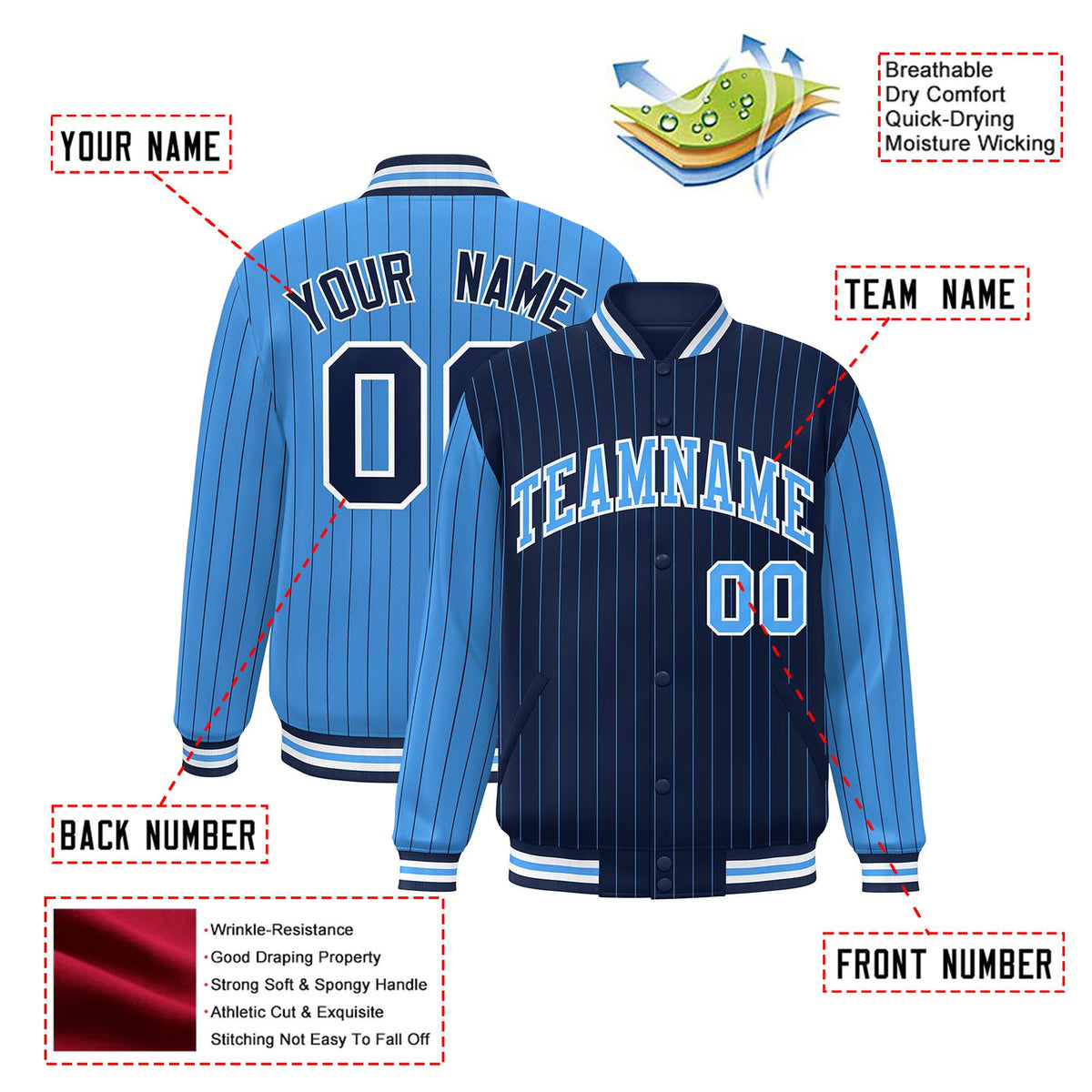 Custom Navy Powder Blue-Navy Personalized Stripe Fashion Letterman Bomber Varsity Jacket