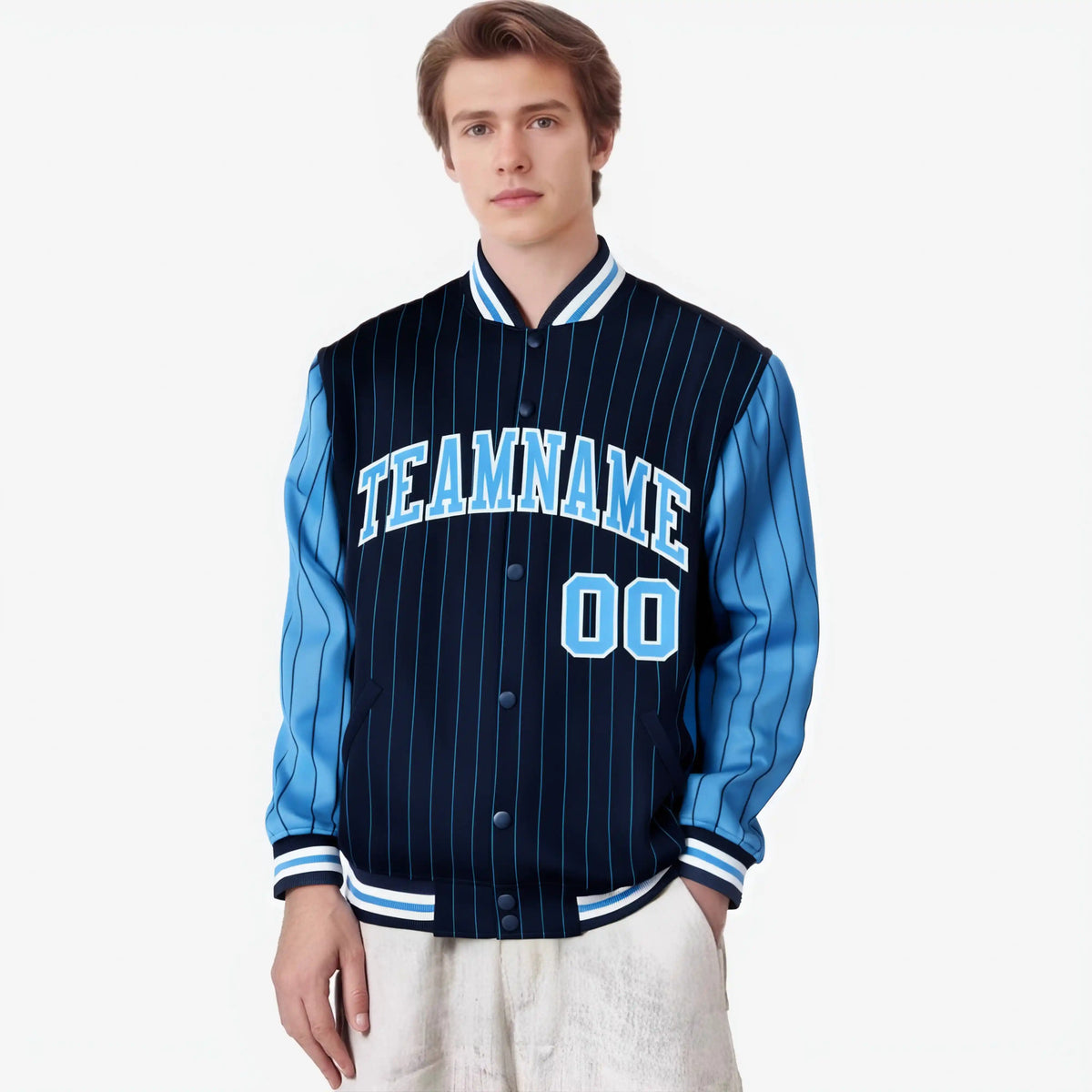 Custom Navy Powder Blue-Navy Personalized Stripe Fashion Letterman Bomber Varsity Jacket
