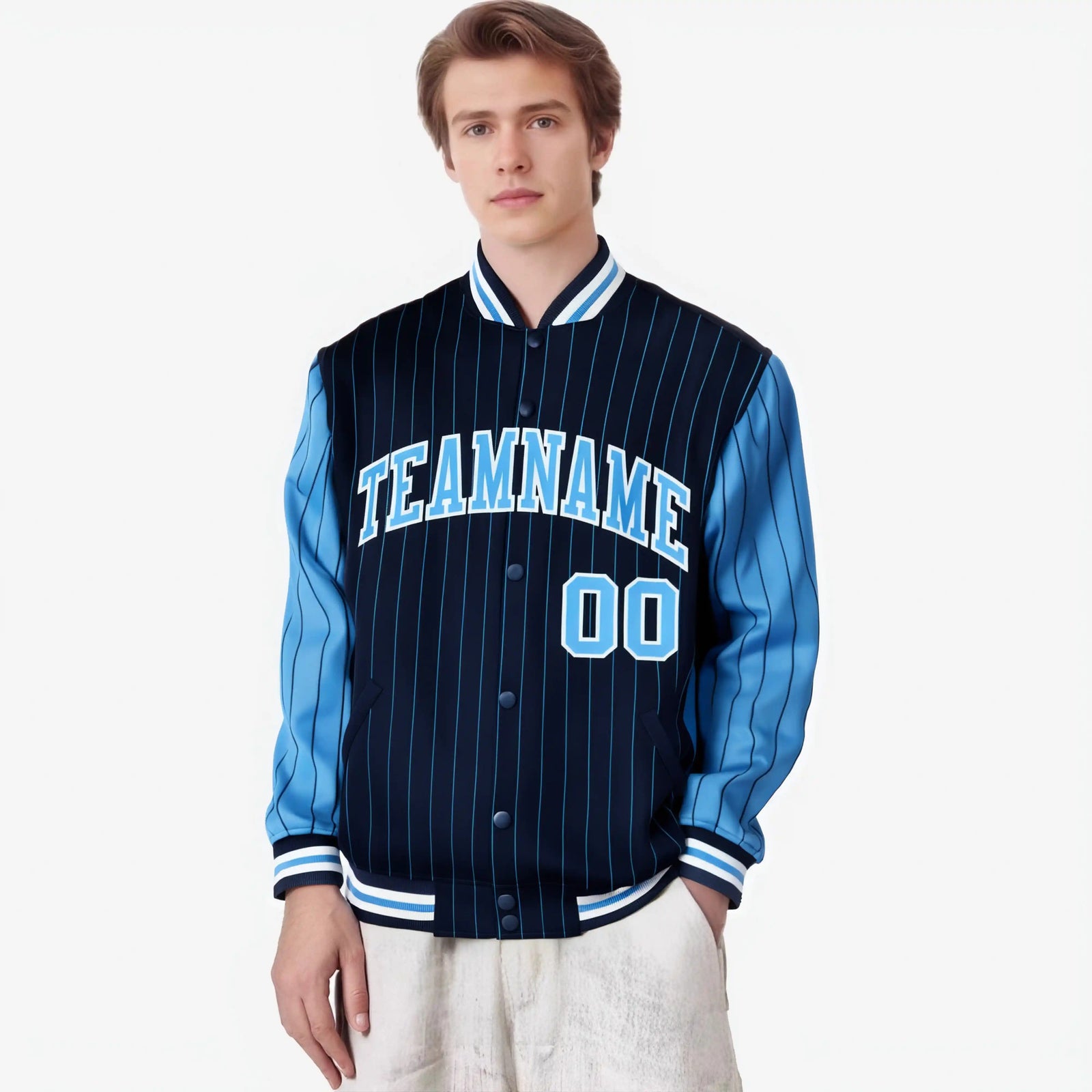 Custom Navy Powder Blue-Navy Personalized Stripe Fashion Letterman Bomber Varsity Jacket