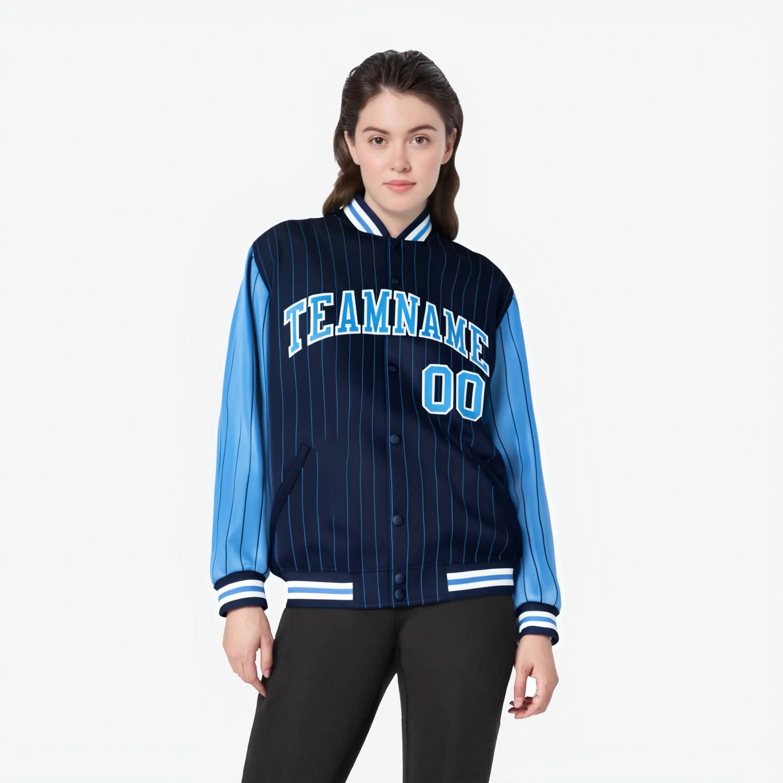 Custom Navy Powder Blue-Navy Personalized Stripe Fashion Letterman Bomber Varsity Jacket
